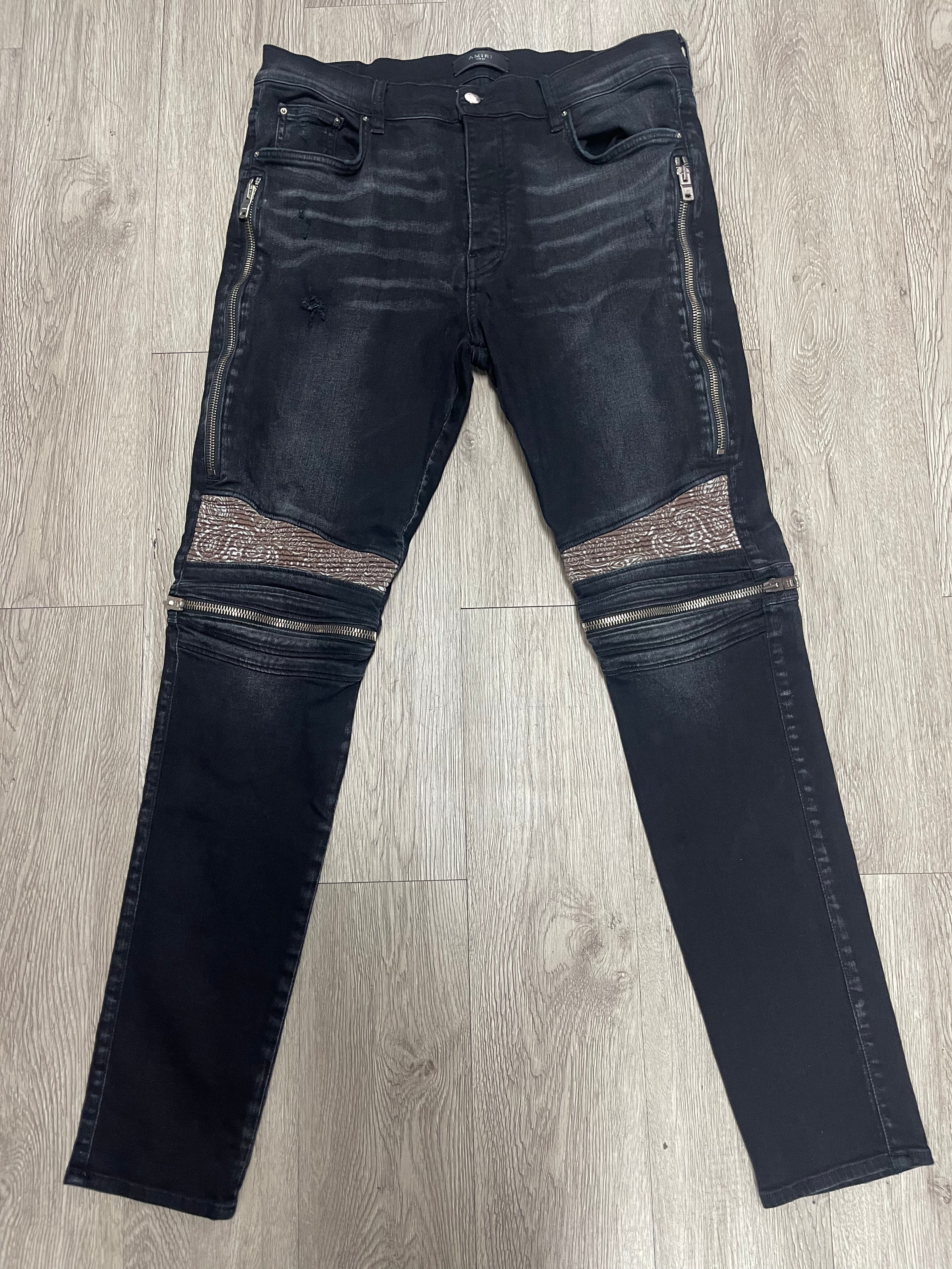Amiri Black Wash Brown Paisley Patch MX2 Jeans