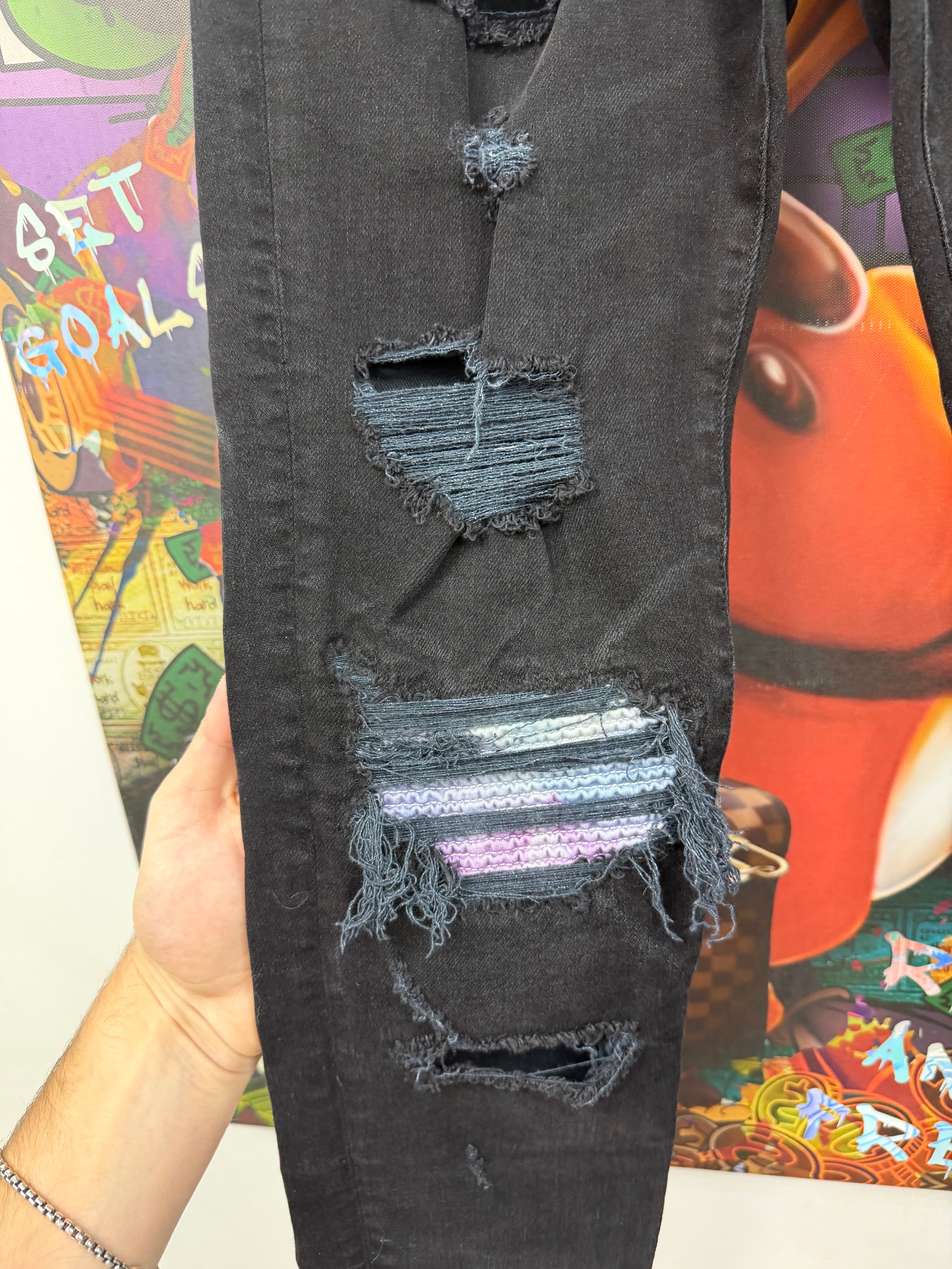 Amiri MX1 Black Wash Tie Dye Patch Jeans