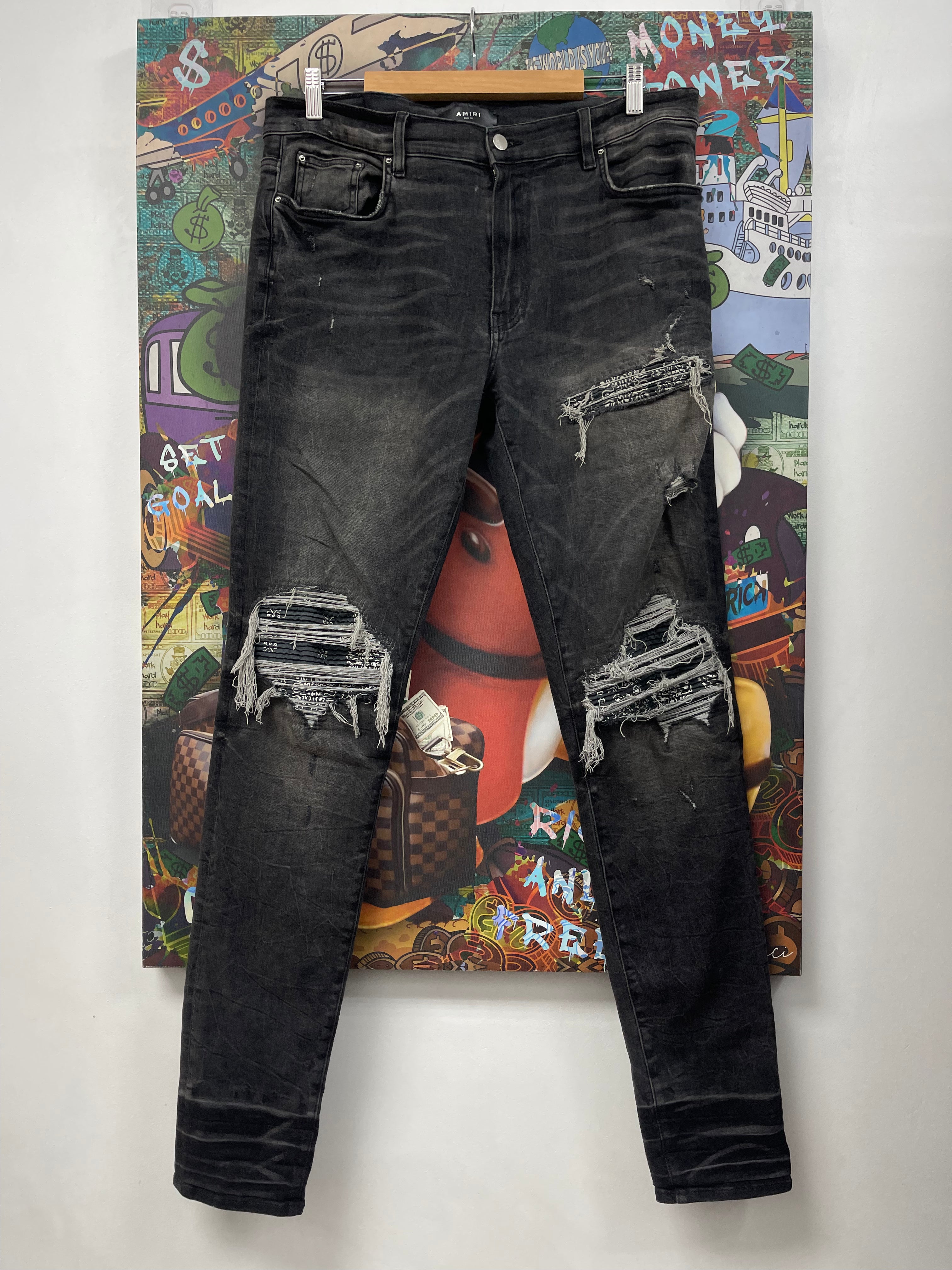 Amiri MX1 Black Wash Paisley Patch Jeans