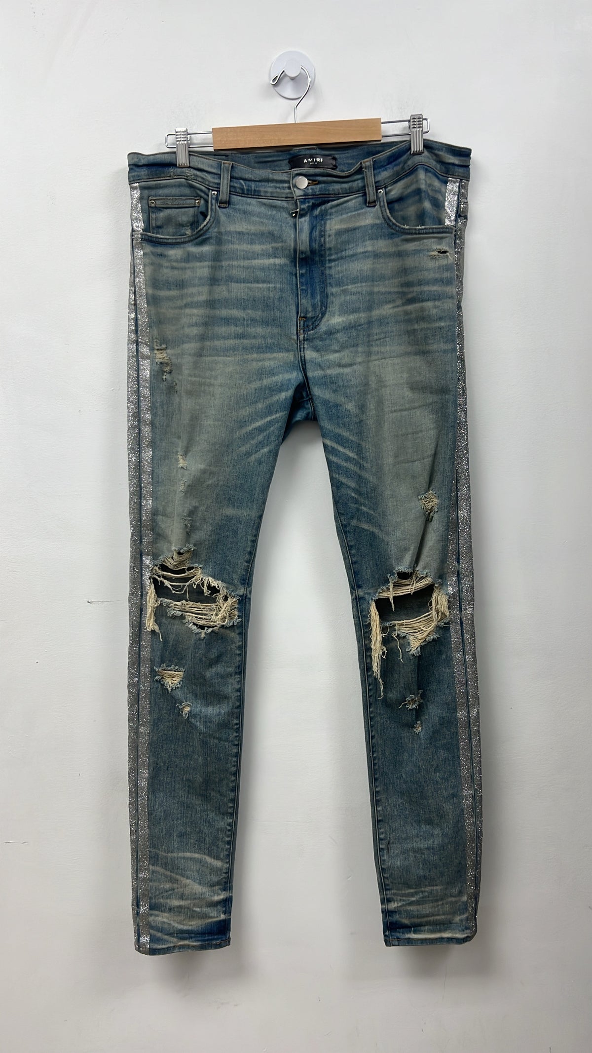 Amiri Vintage Wash Silver Glitter Stripe Jeans
