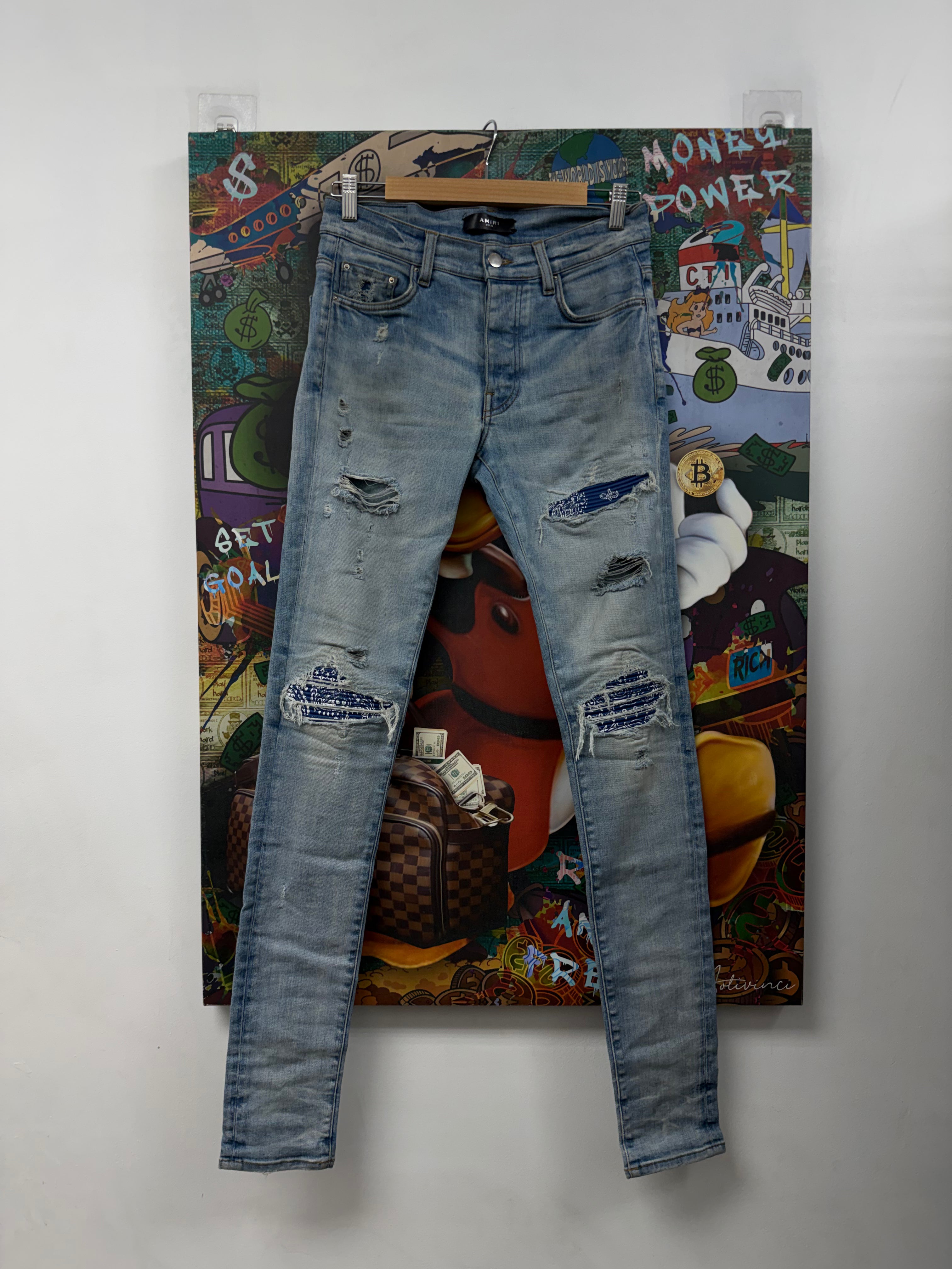 Amiri MX1 Light Wash Blue Paisley Patch Jeans