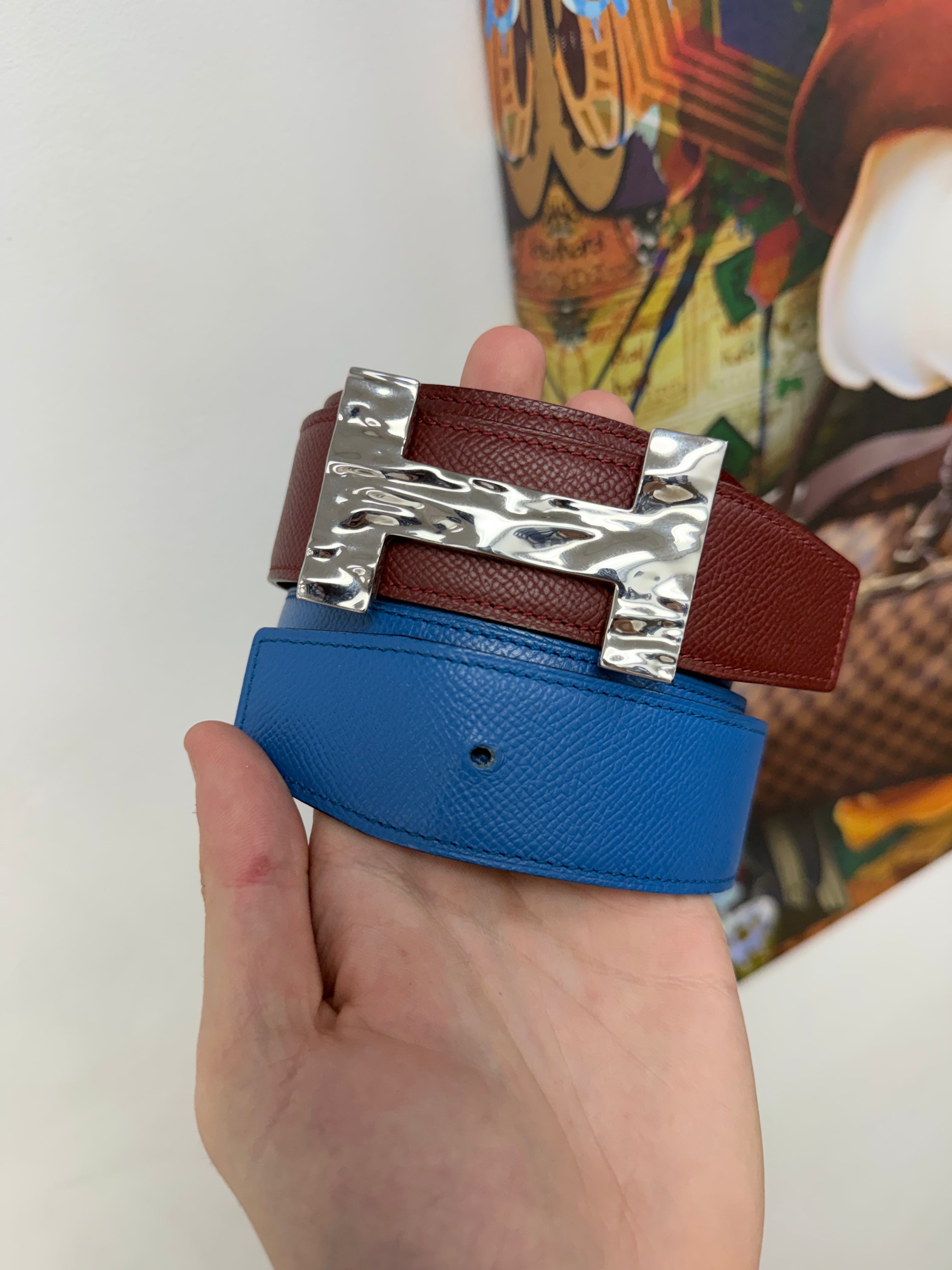 Hermes Silver H Wave Buckle (Burgundy/Orange & Blue/Brown) Belt