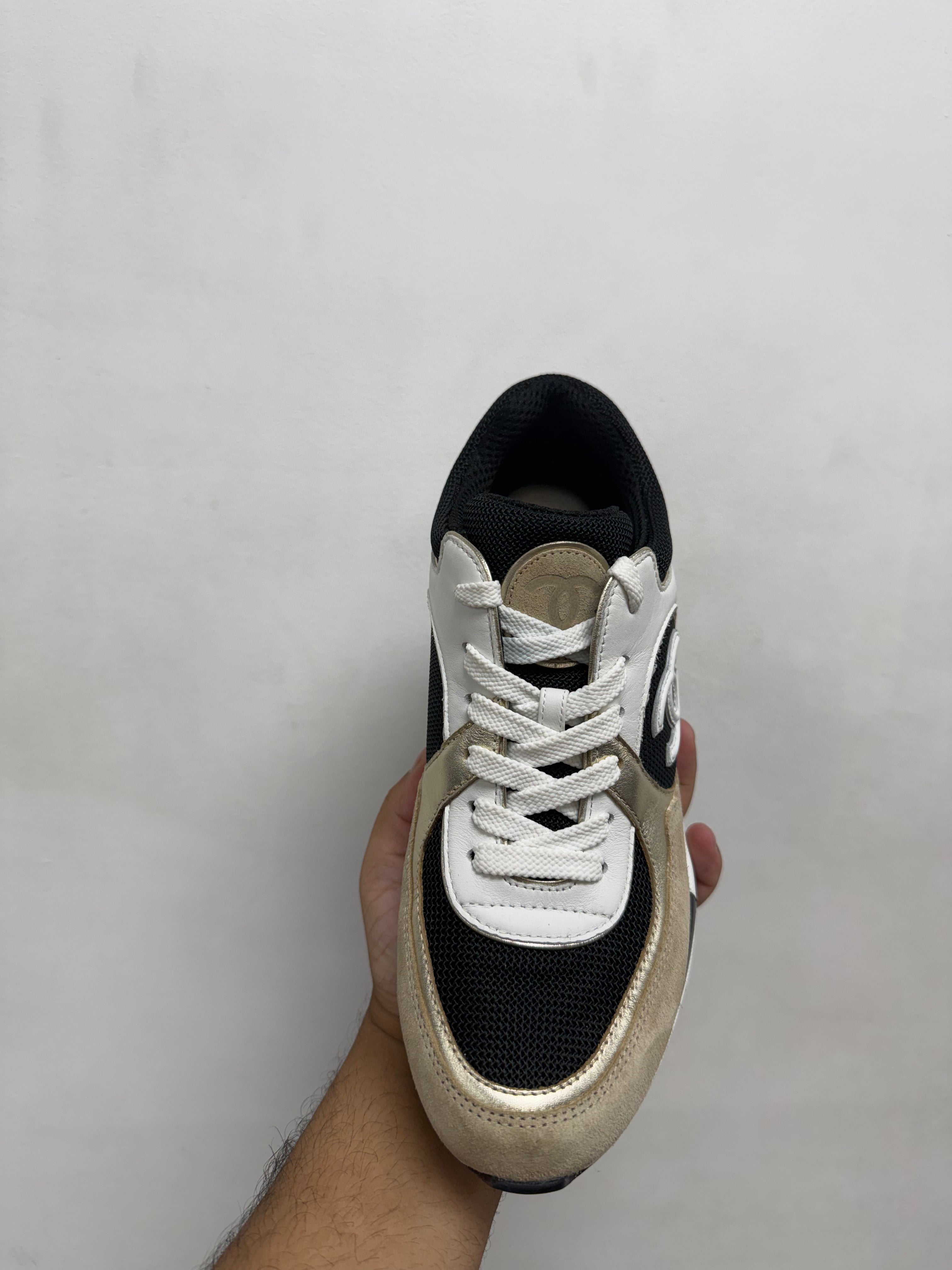 Chanel Beige Gold CC Trainer Sneakers