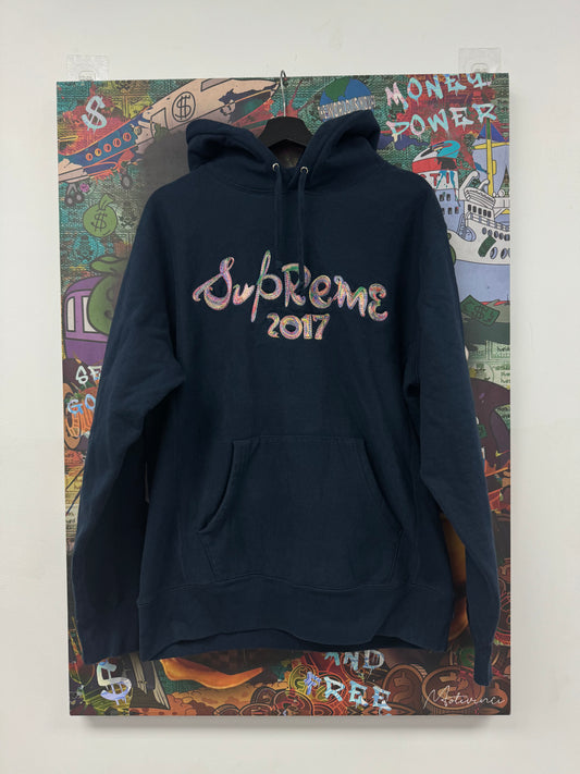 Supreme Script Logo Hoodie Navy Multi Used Large N/A