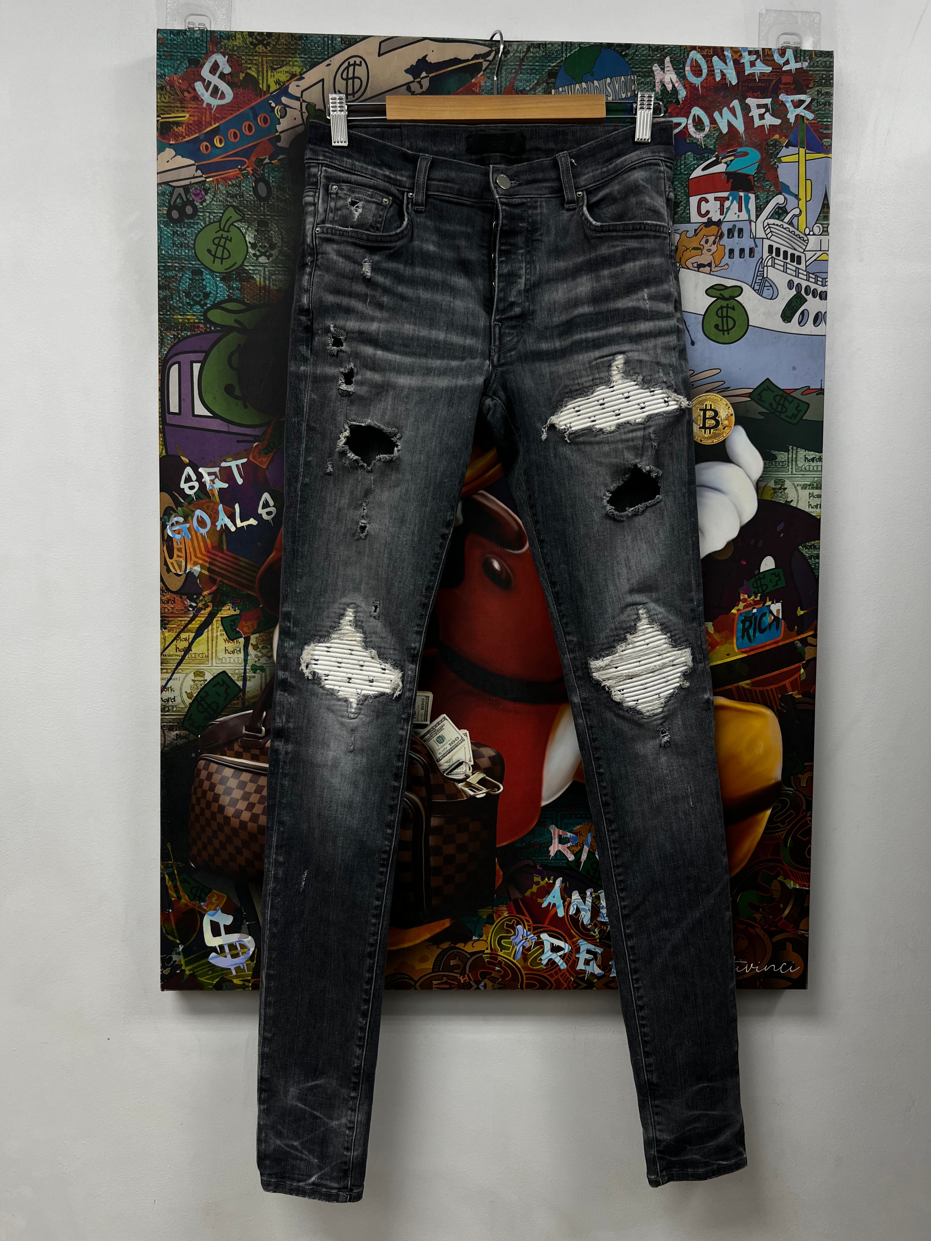 Amiri MX1 Grey Wash White Playboy Patch Jeans