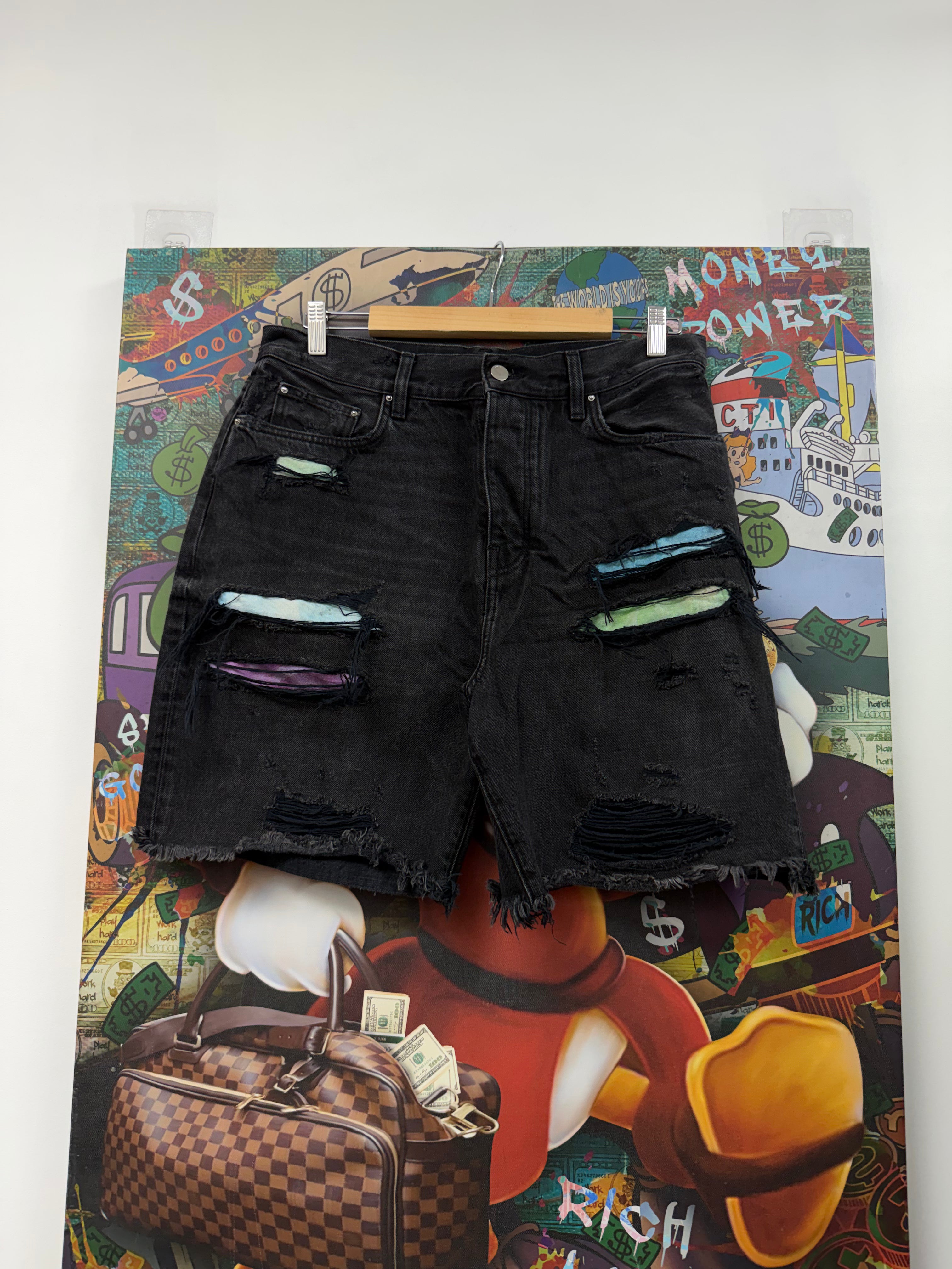 Amiri Black Tie Dye Ripped Jean Shorts