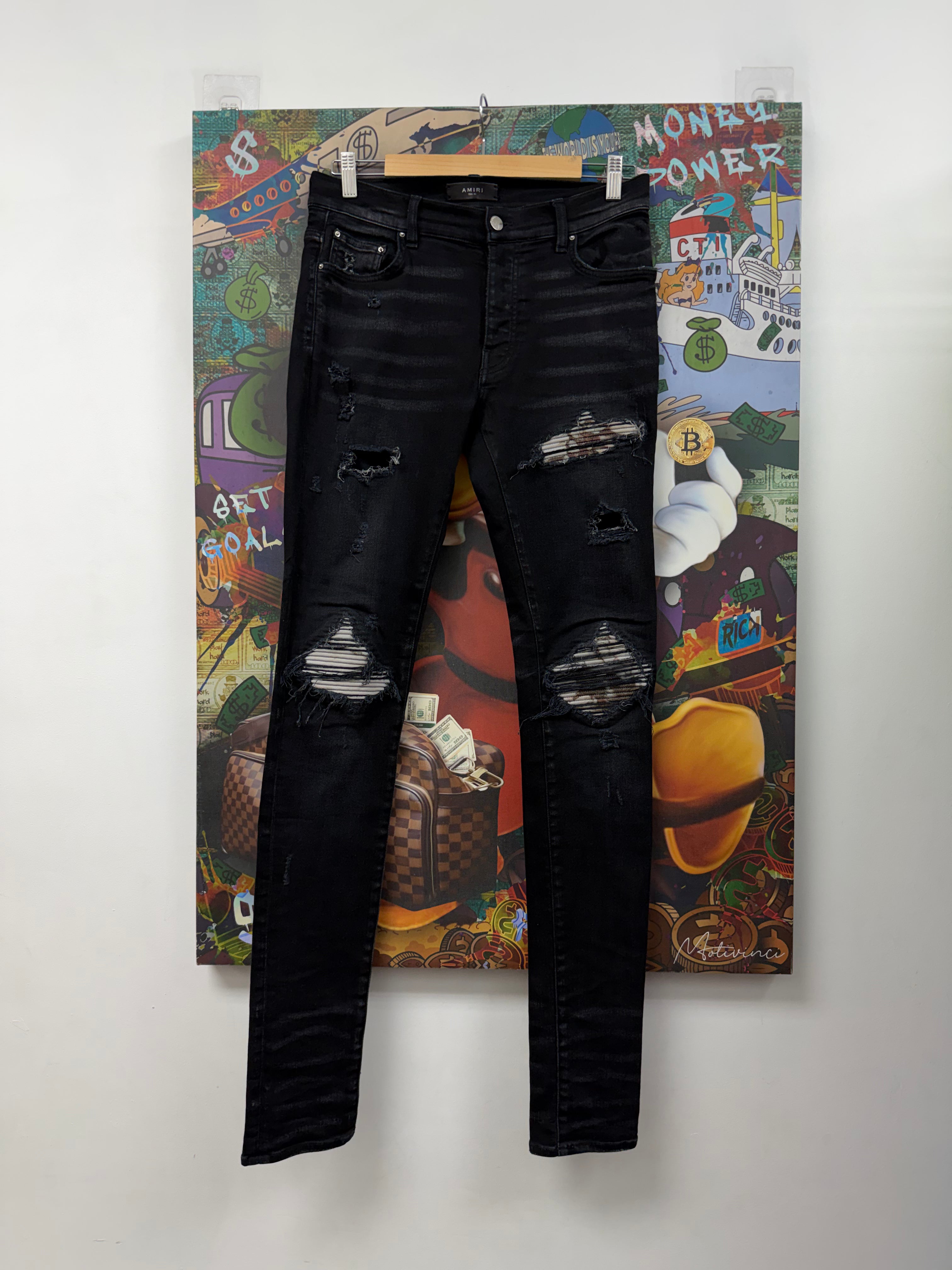 Amiri MX1 Black Wash Marble Patch Jeans