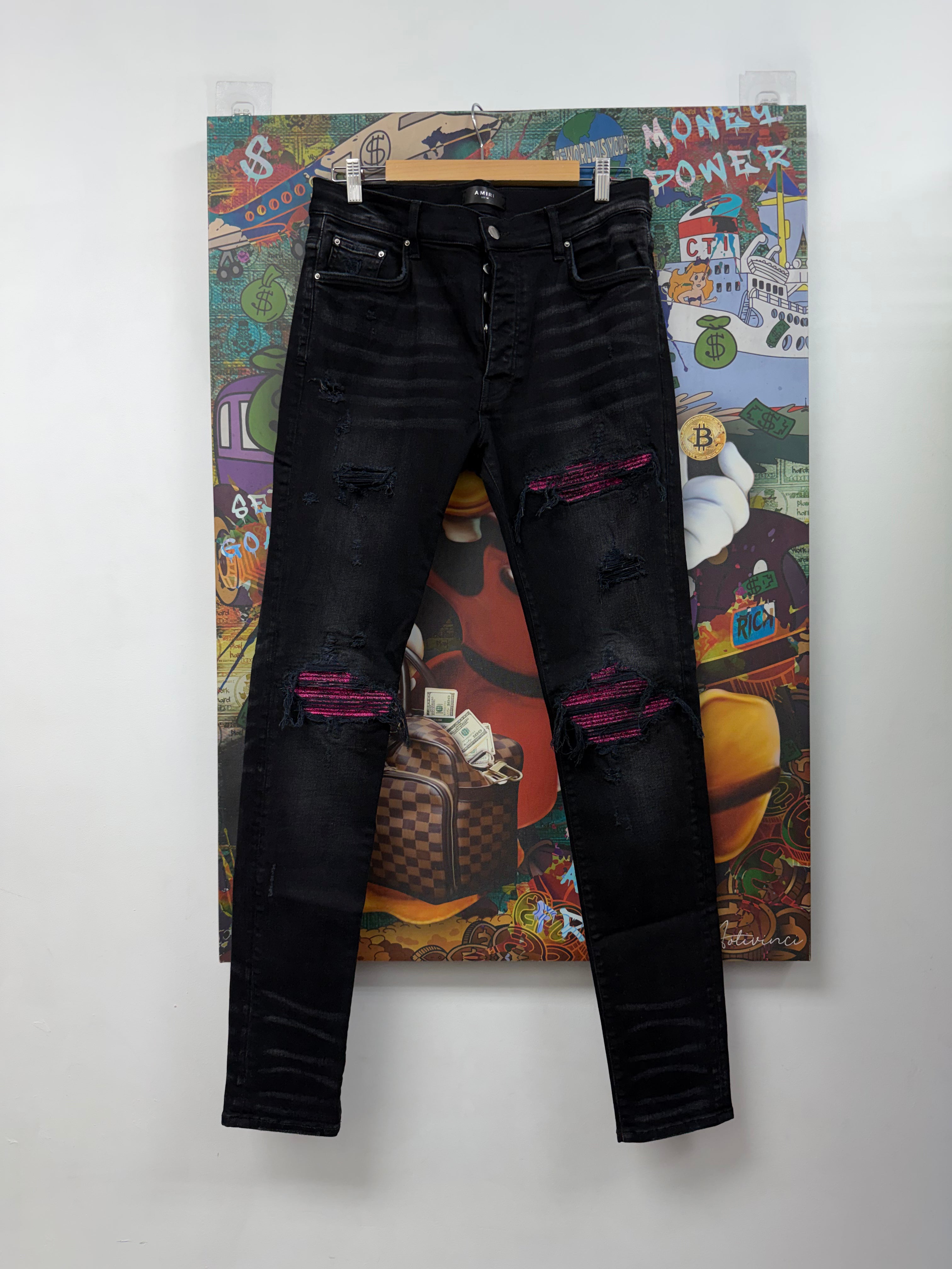 Amiri MX1 Black Wash Pink Crackle Patch Jeans