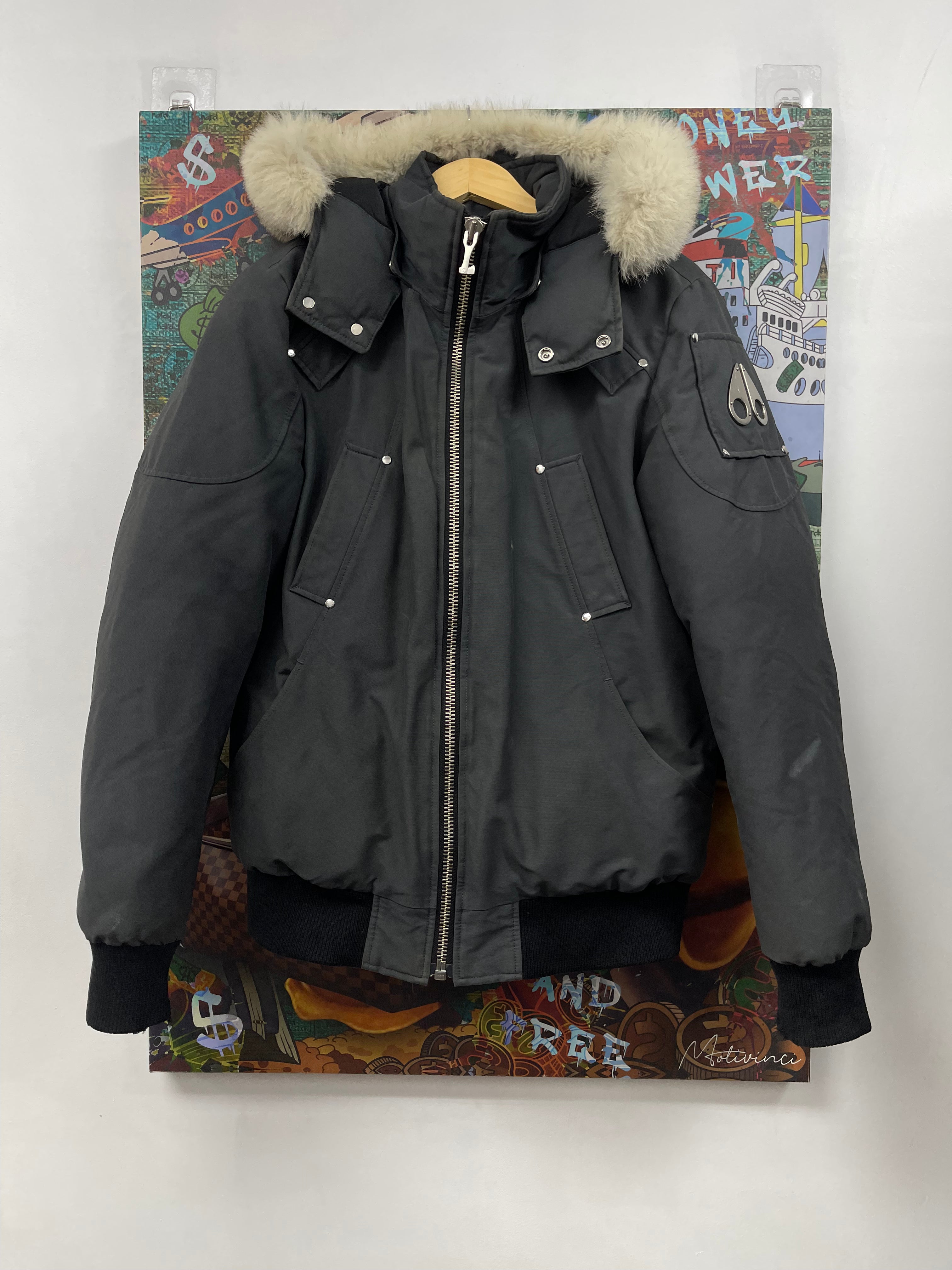 Moose Knuckles Grey White Fur Bomber Jacket