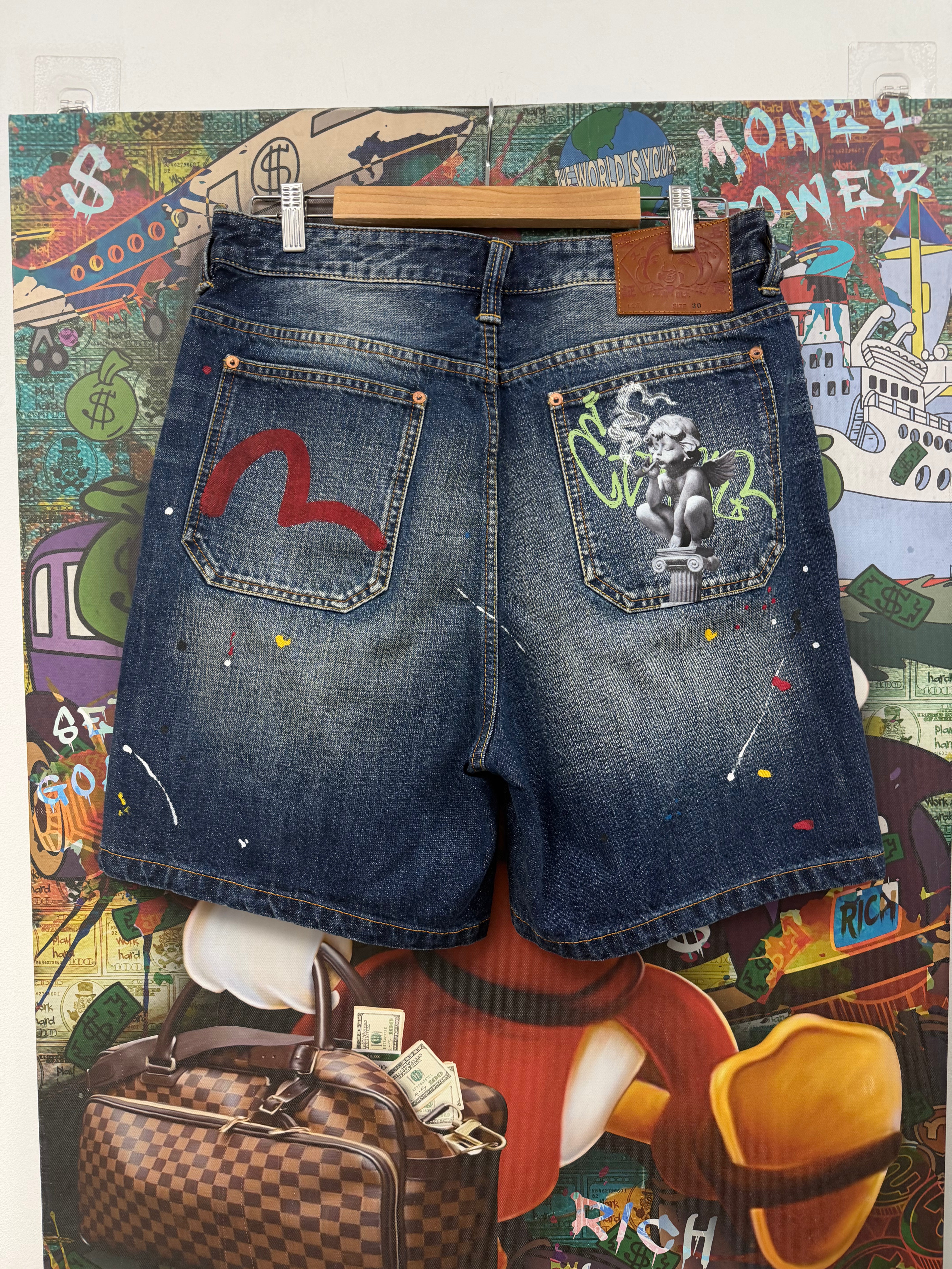 Evisu Graffiti Angel Pocket Jean Shorts