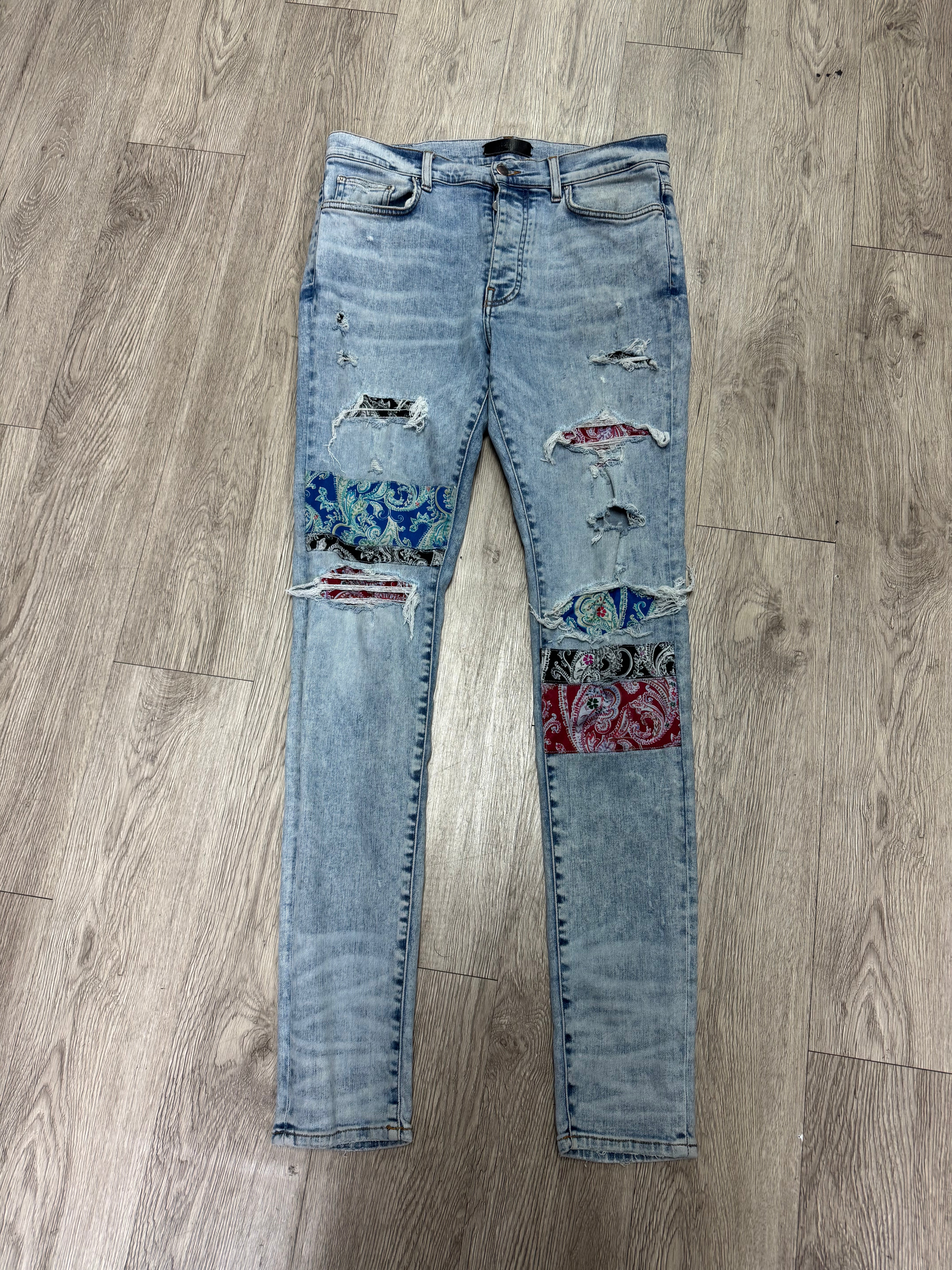 Amiri Light Wash Pajama Paisley Patchwork Jeans
