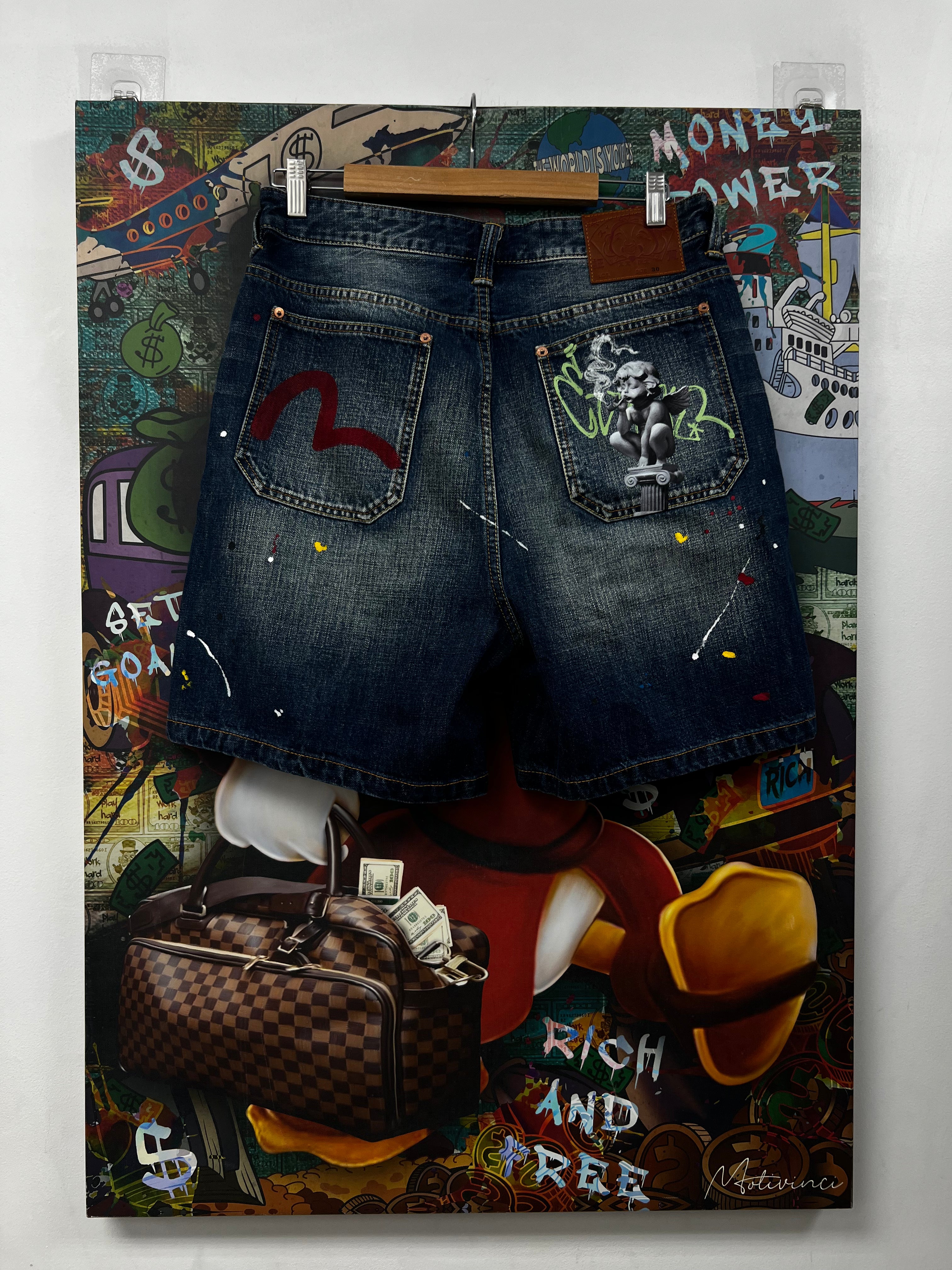Evisu Graffiti Angel Pocket Jean Shorts