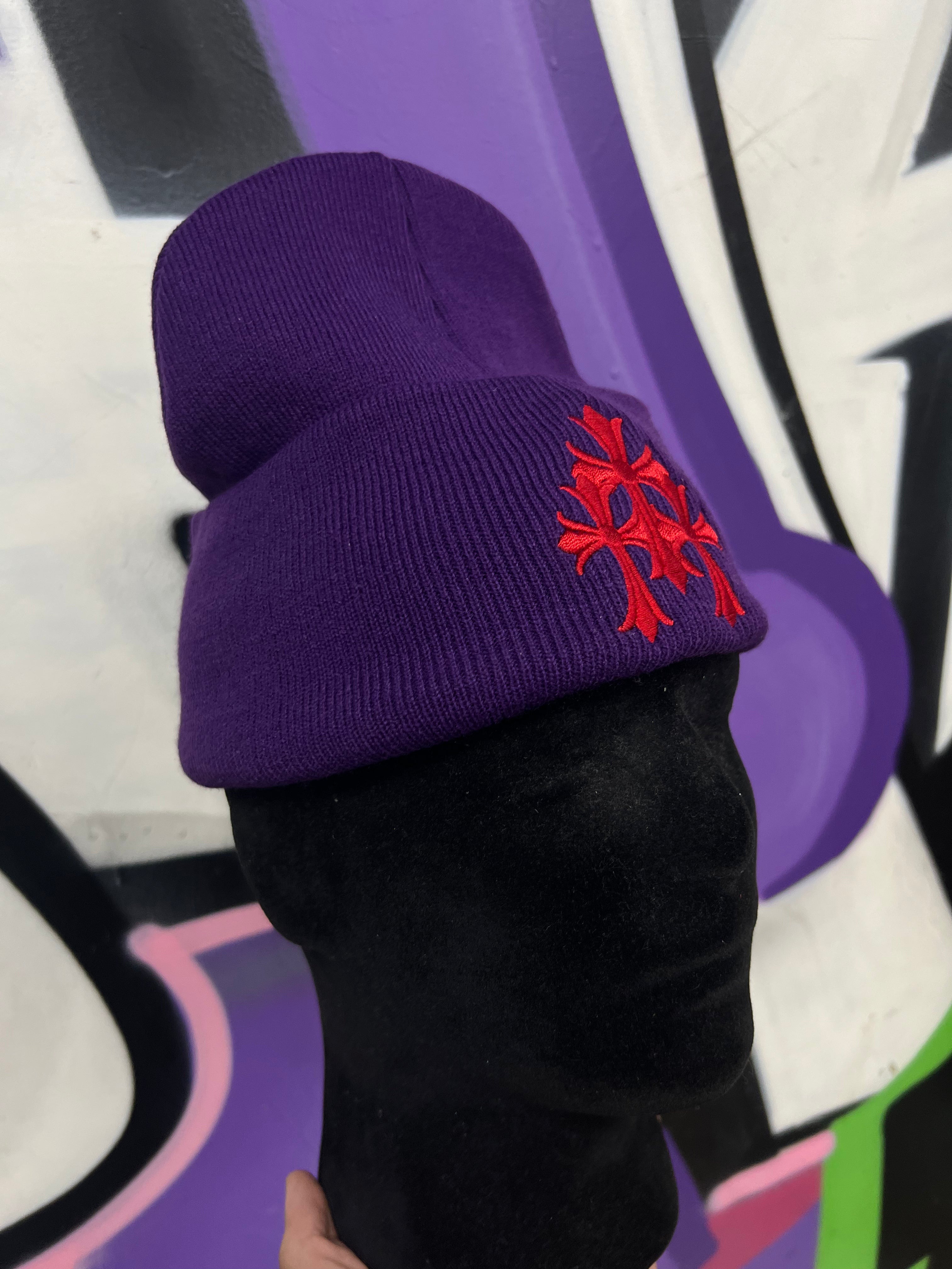 Chrome Hearts Purple Red Cemetery Plus Logo Beanie