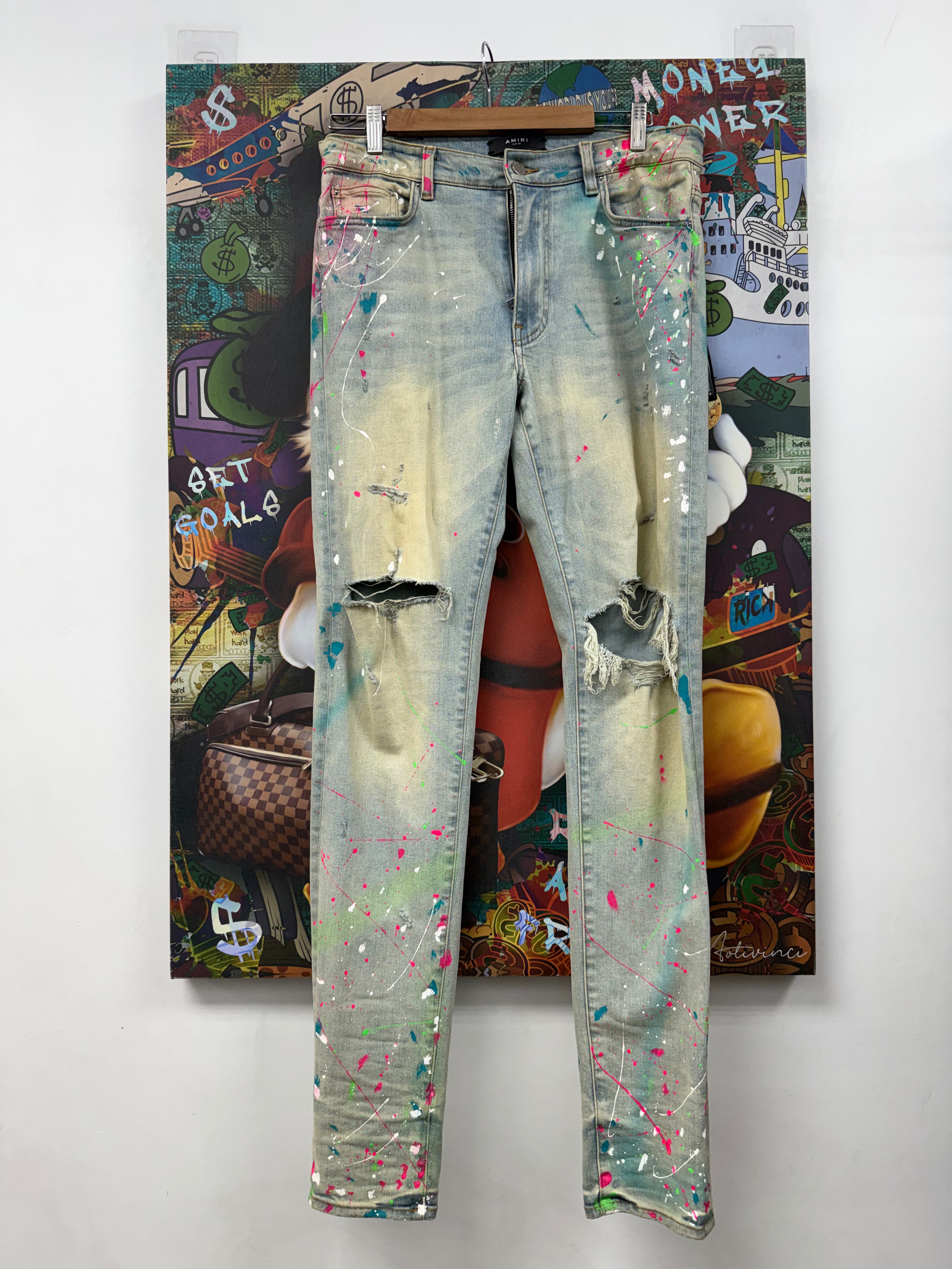 Amiri Super Light Indigo Graffiti South Beach Splatter Jeans