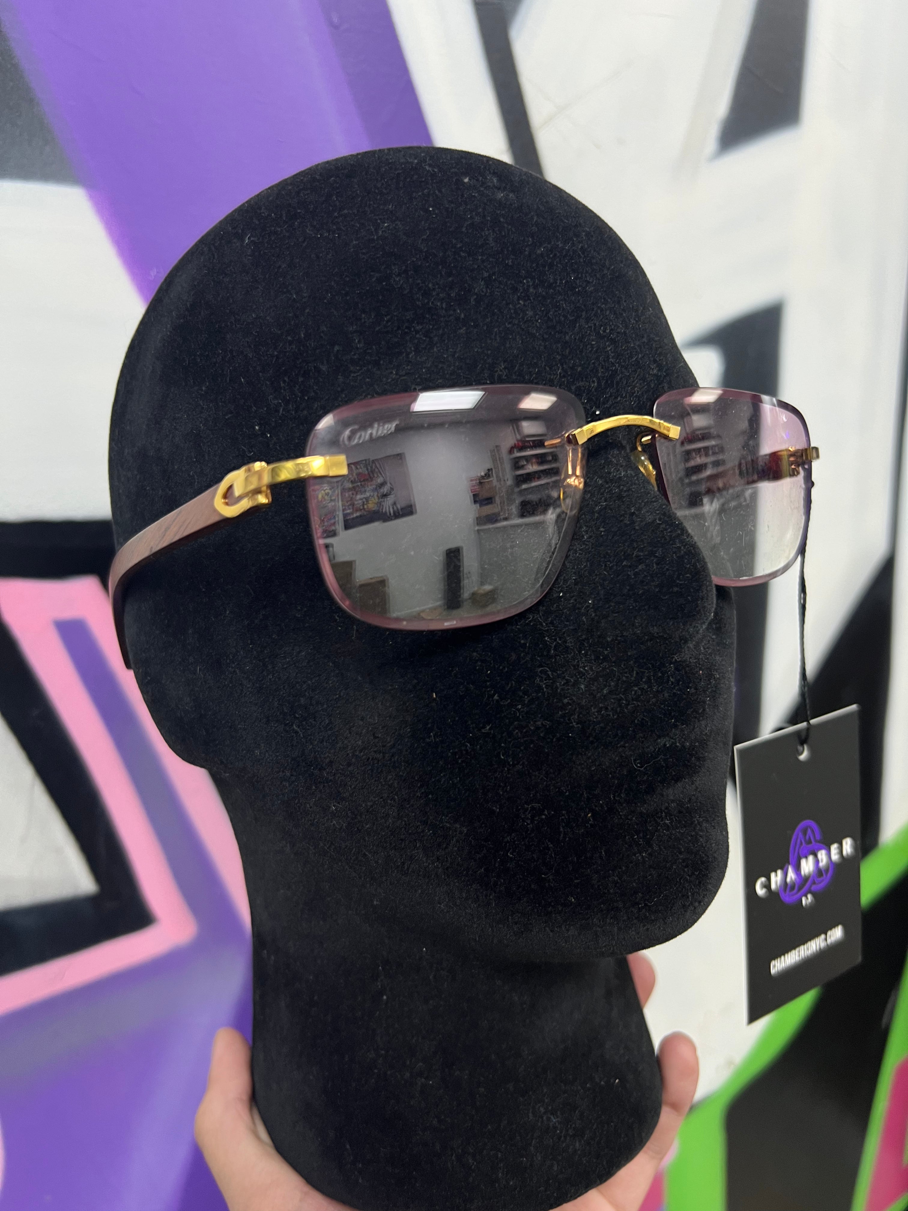 Cartier Pink Tinted Wood C Gold Wire Sunglasses
