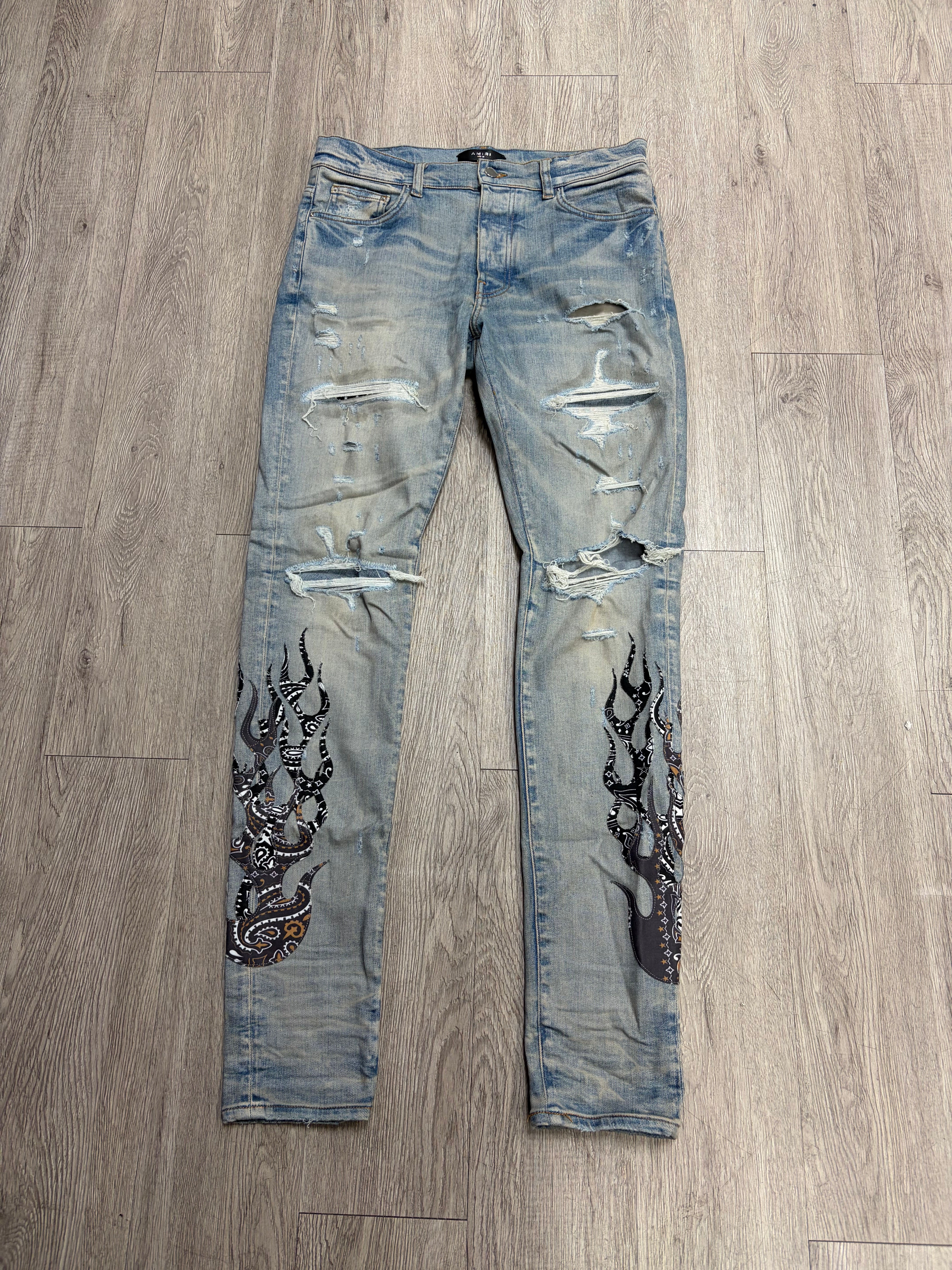 Amiri Light Wash Paisley Flames Jeans