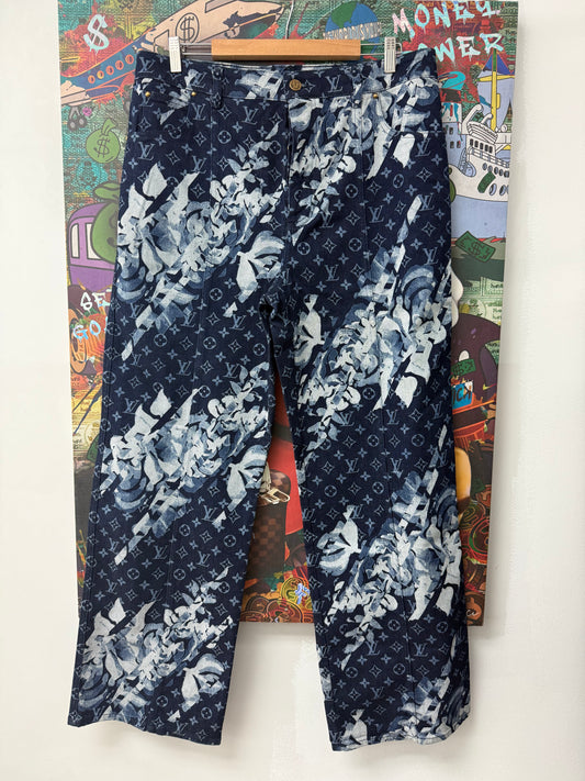 LV Monogram Floral Denim Navy Jeans Lightly Worn 36