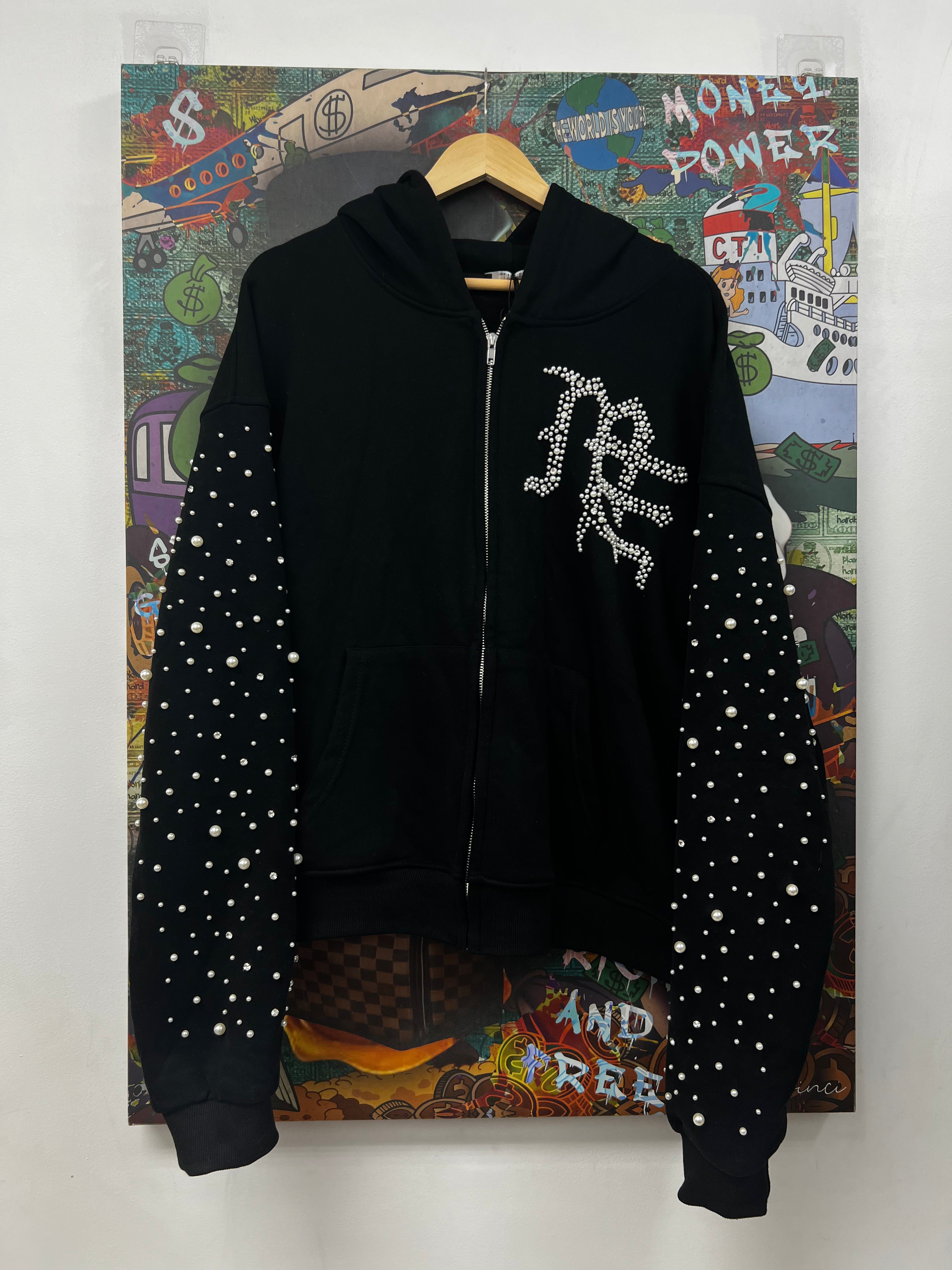 Mixed Emotion Black Pearl Rhienstone Hoodie