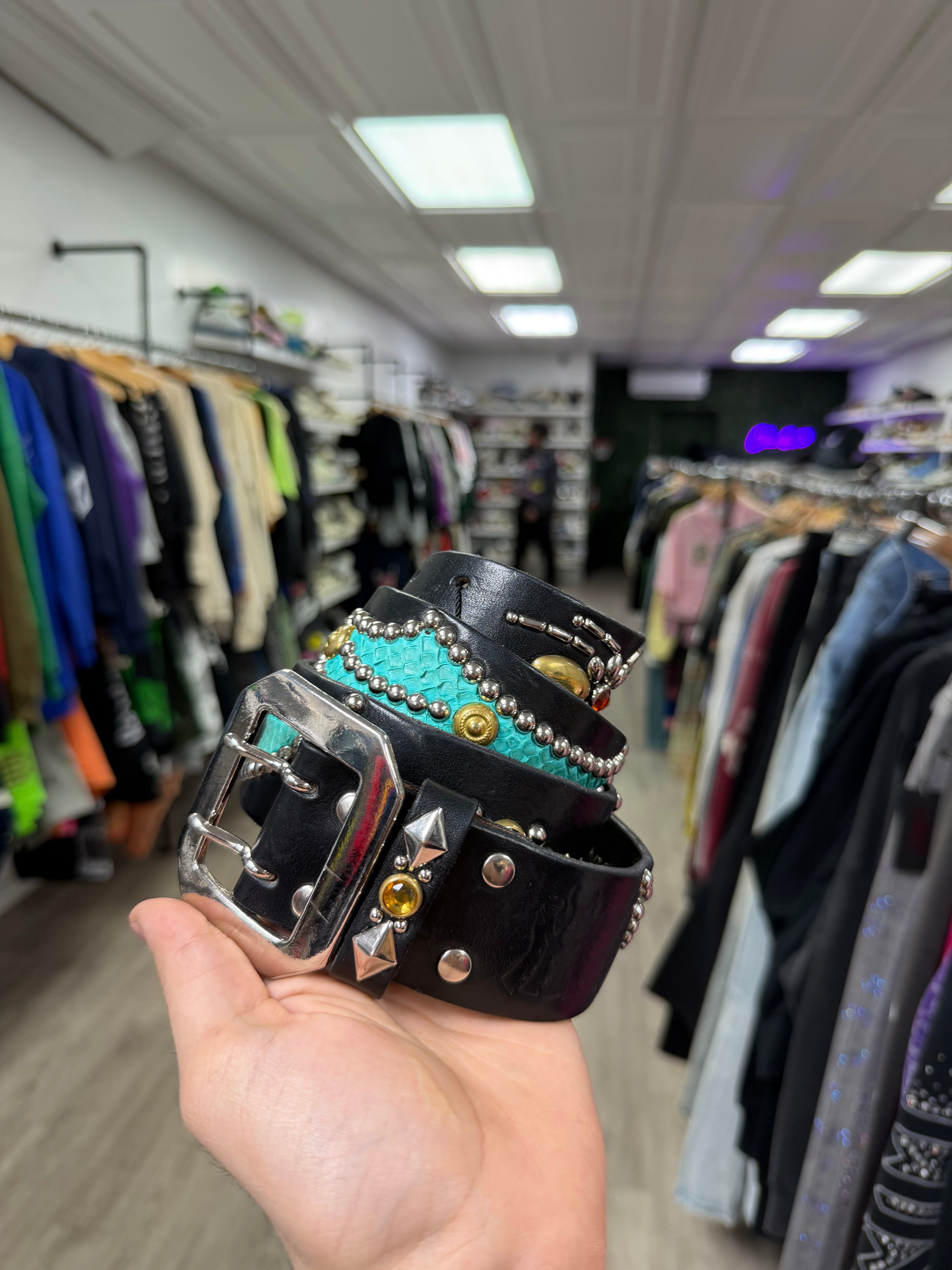 Manhatta Black Blue Spider Wing Gem Studded Belt