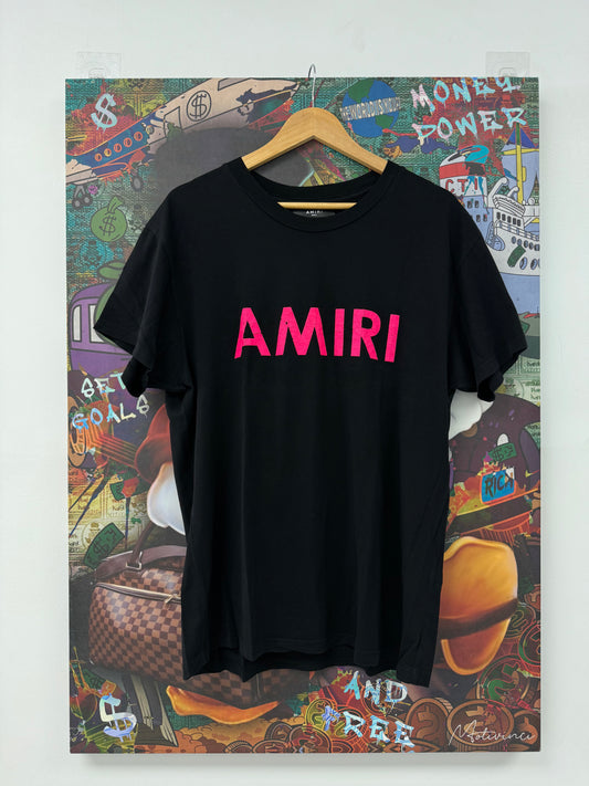 Amiri Crackle Chest LoGo Tee Black Hot Pink Used Small N/A