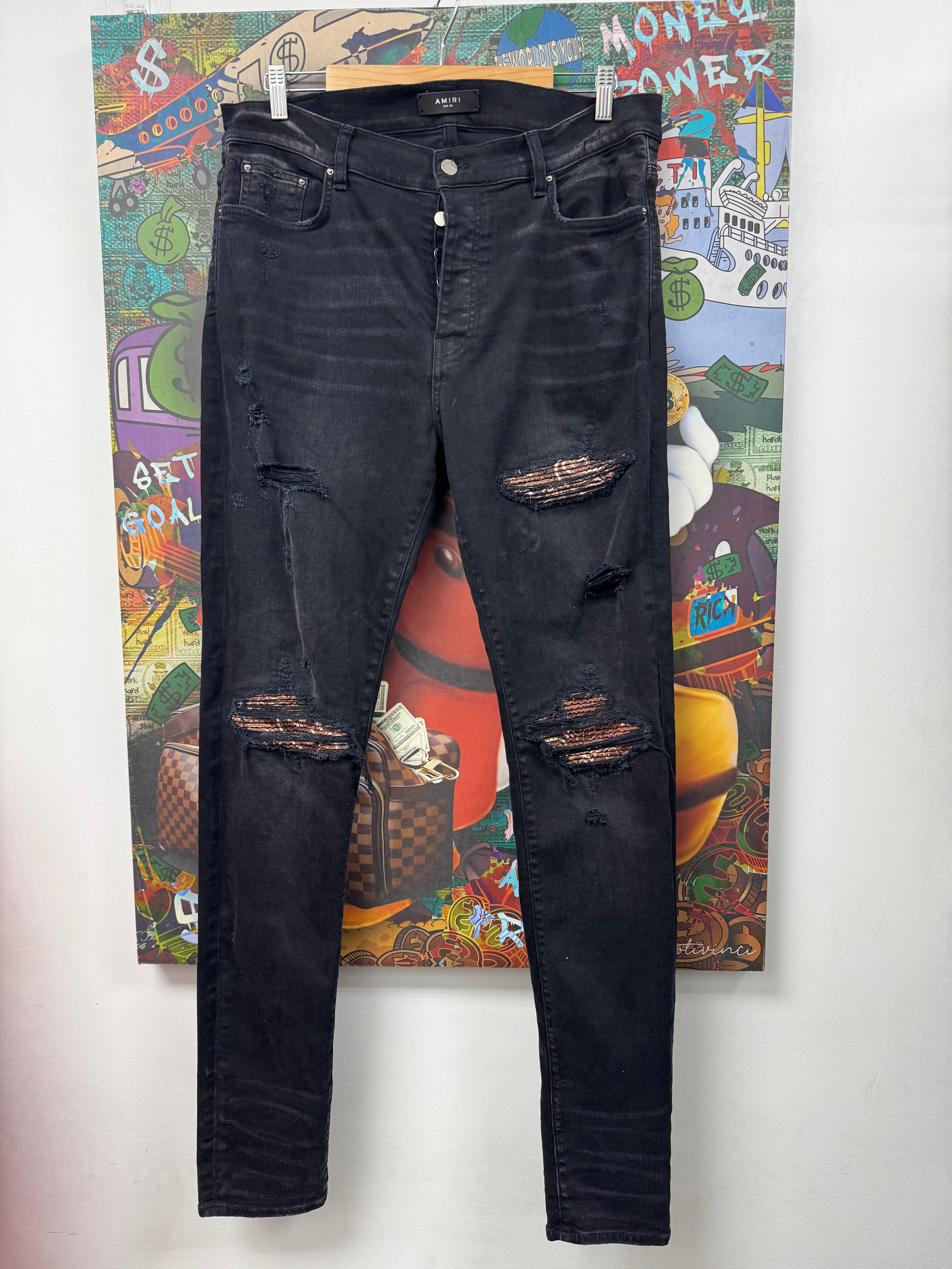 Amiri MX1 Black Wash Brown Paisley Patch Jeans