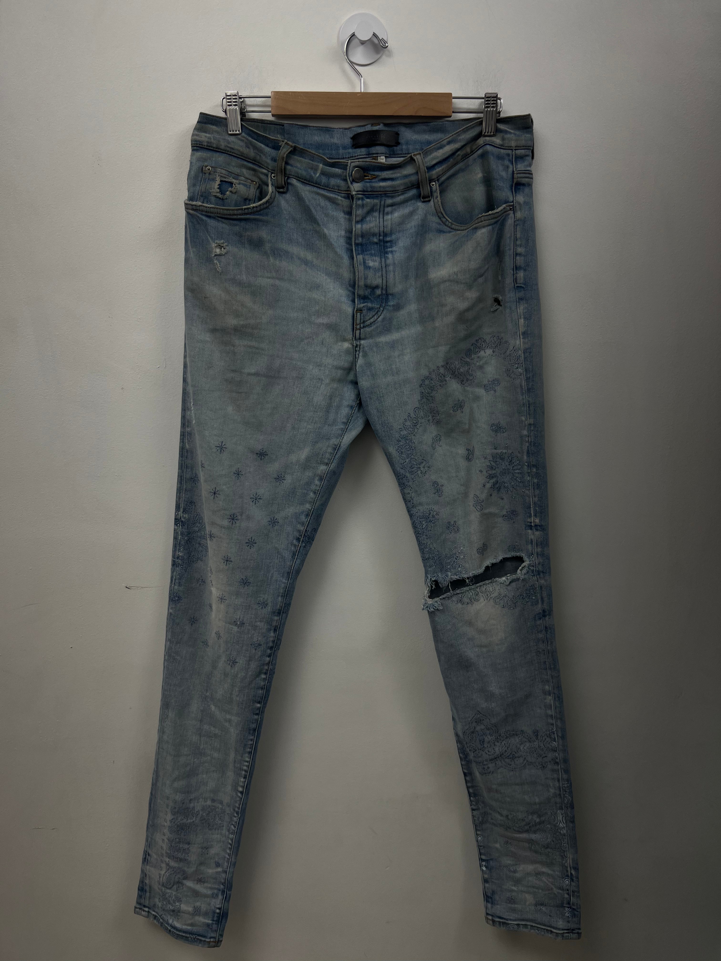 Amiri Blue Paisley Knee Rip Jeans