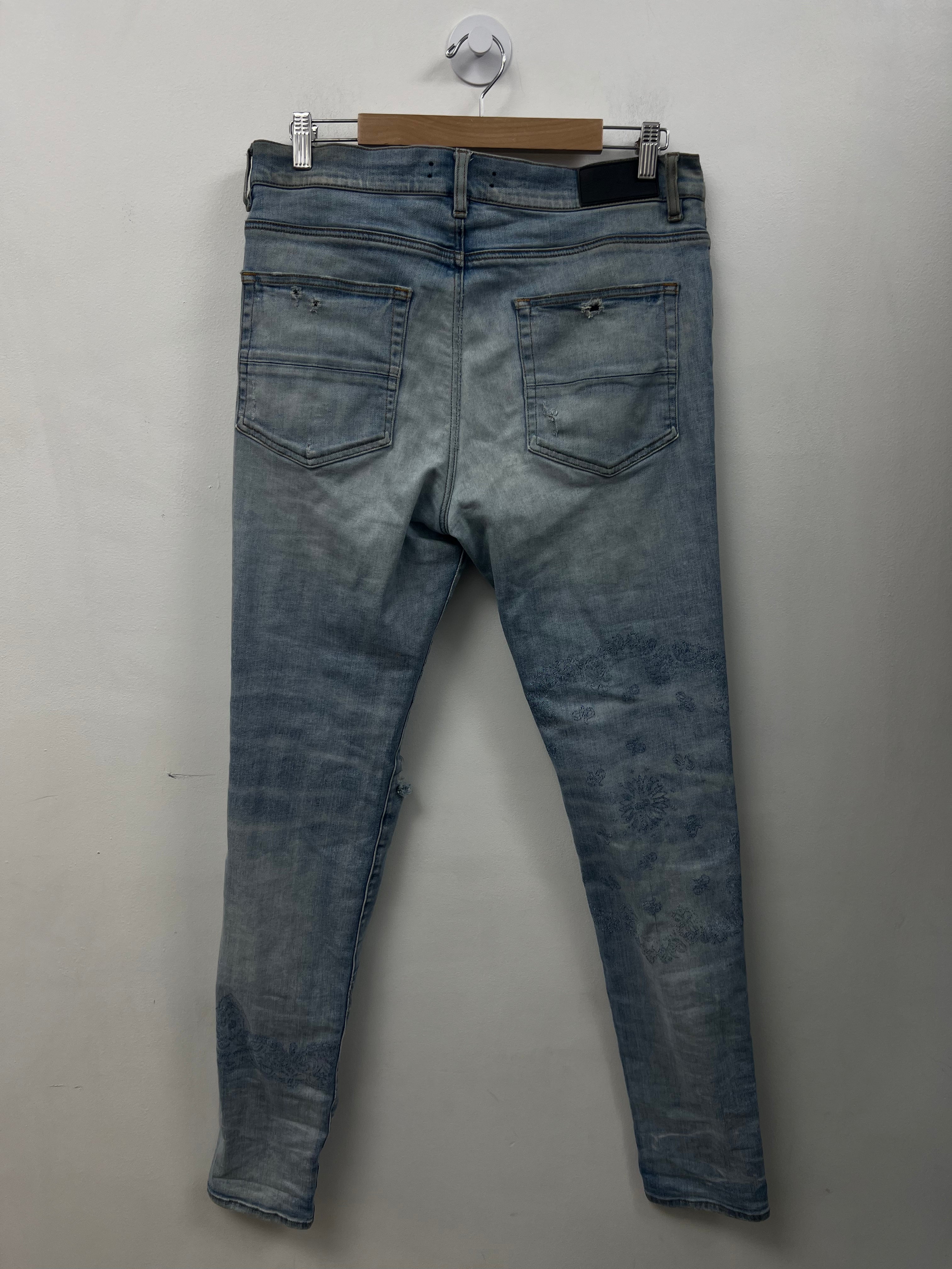Amiri Blue Paisley Knee Rip Jeans