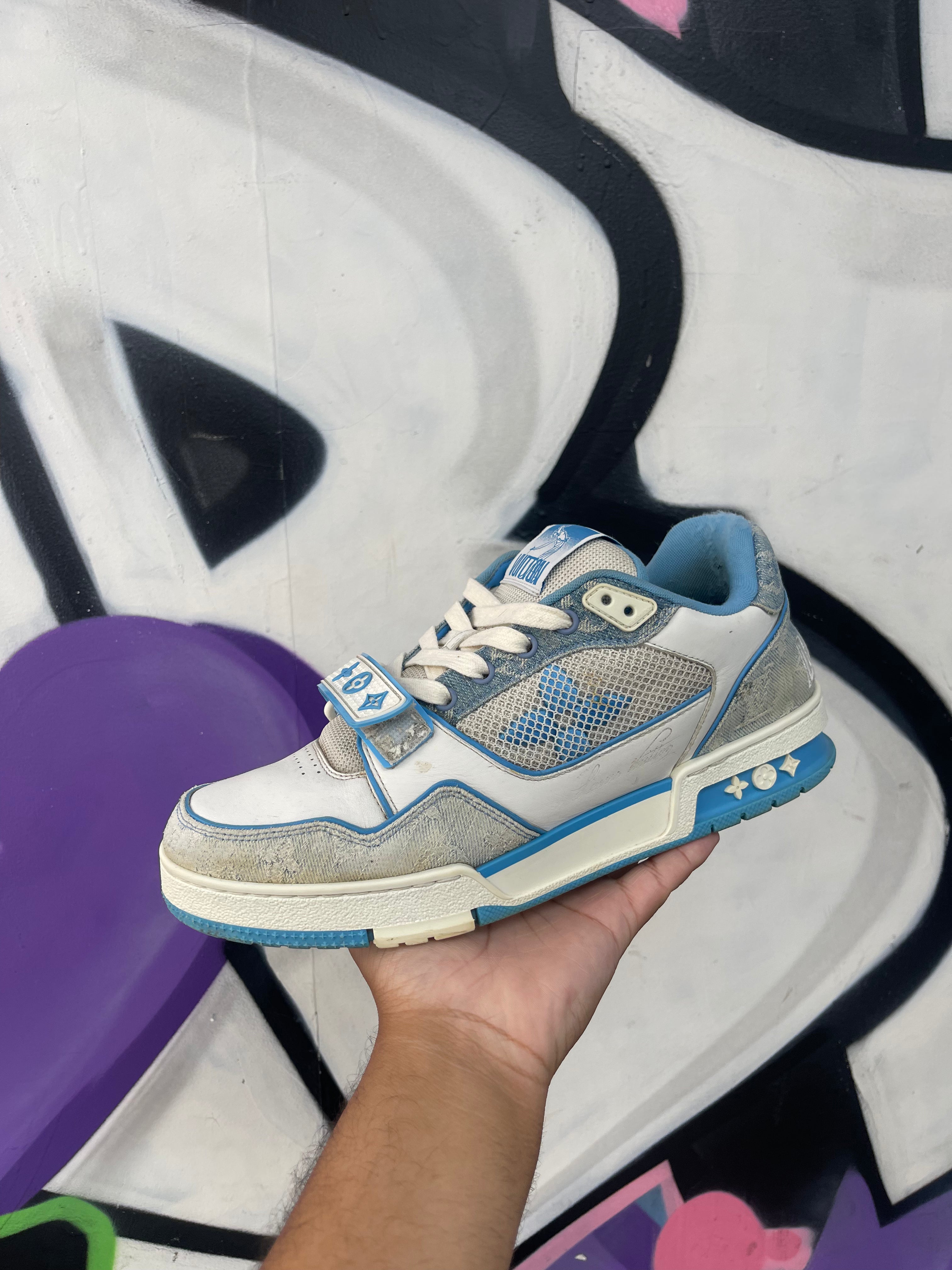 Louis Vuitton Baby Blue Denim Monogram Strap Trainer Sneakers