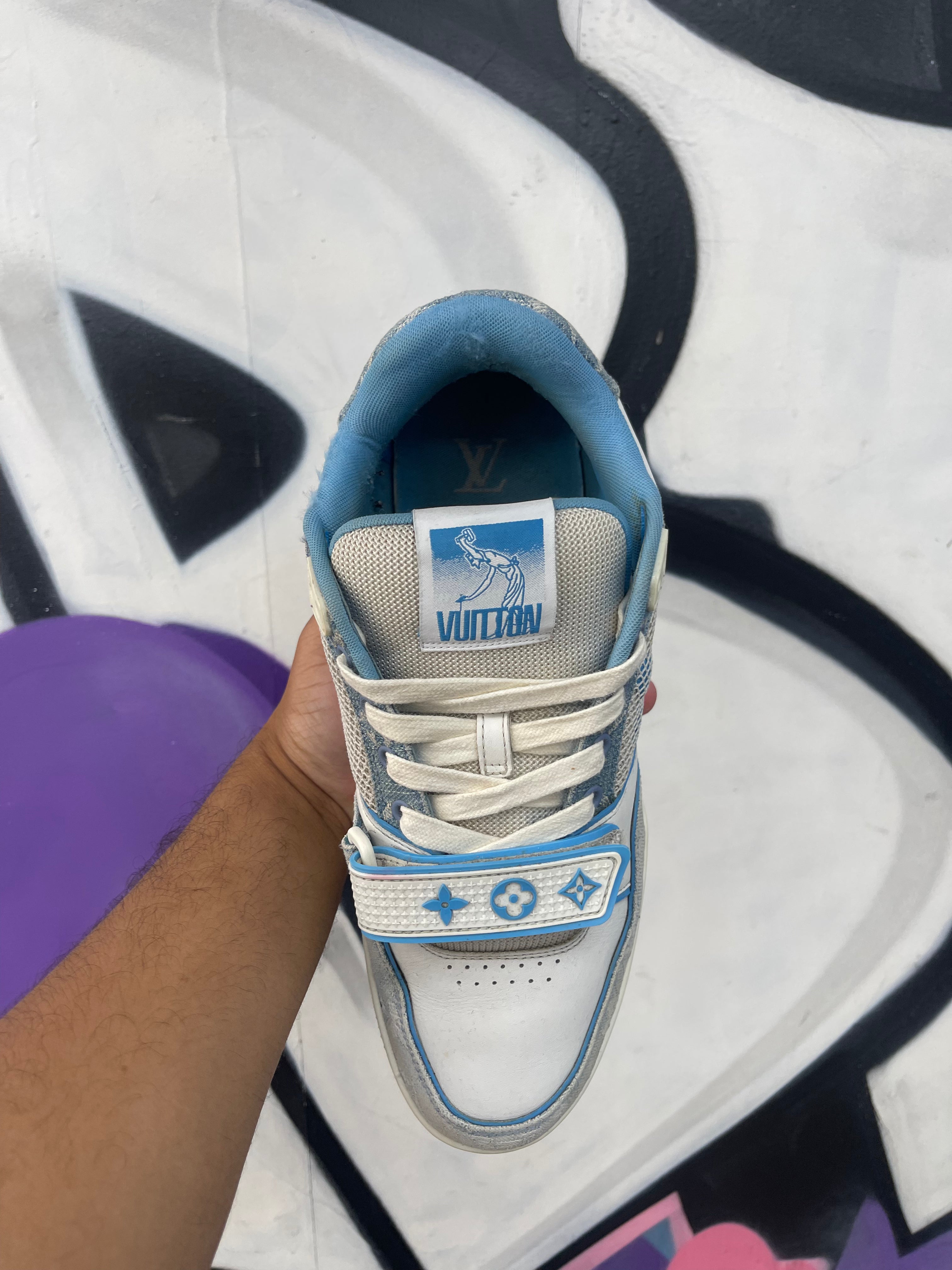 Louis Vuitton Baby Blue Denim Monogram Strap Trainer Sneakers