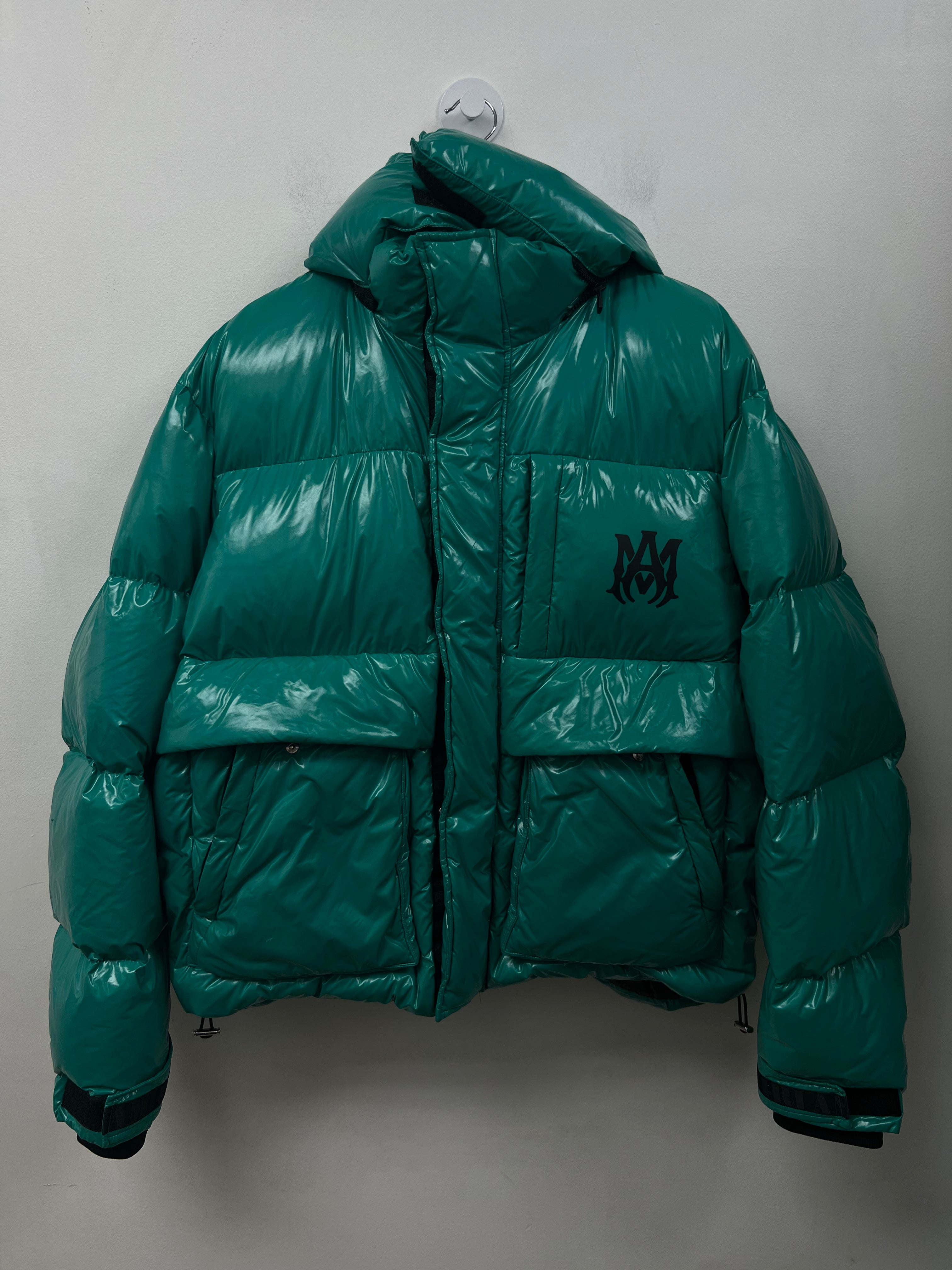 Amiri Teal Black MA Logo Puffer Jacket