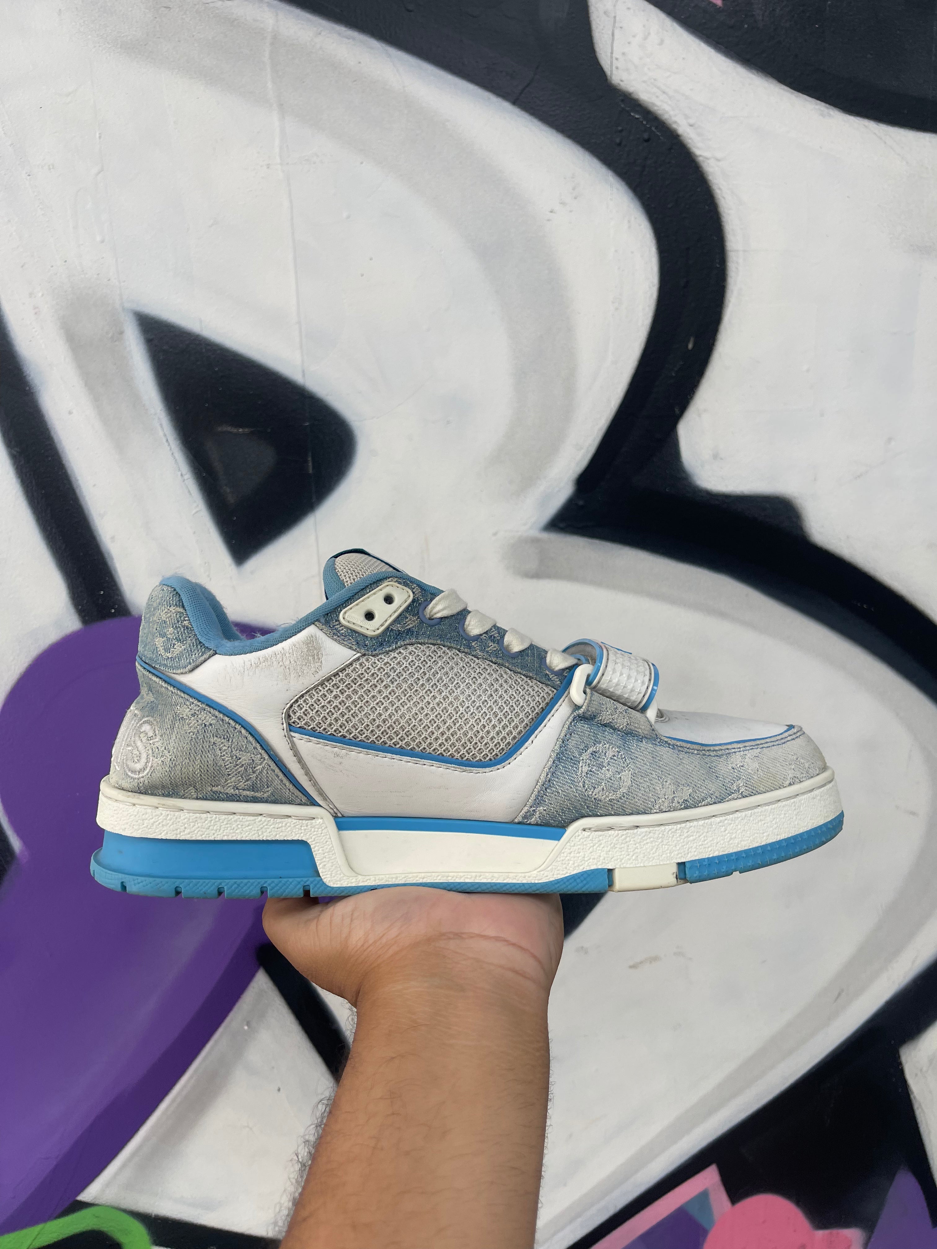 Louis Vuitton Baby Blue Denim Monogram Strap Trainer Sneakers