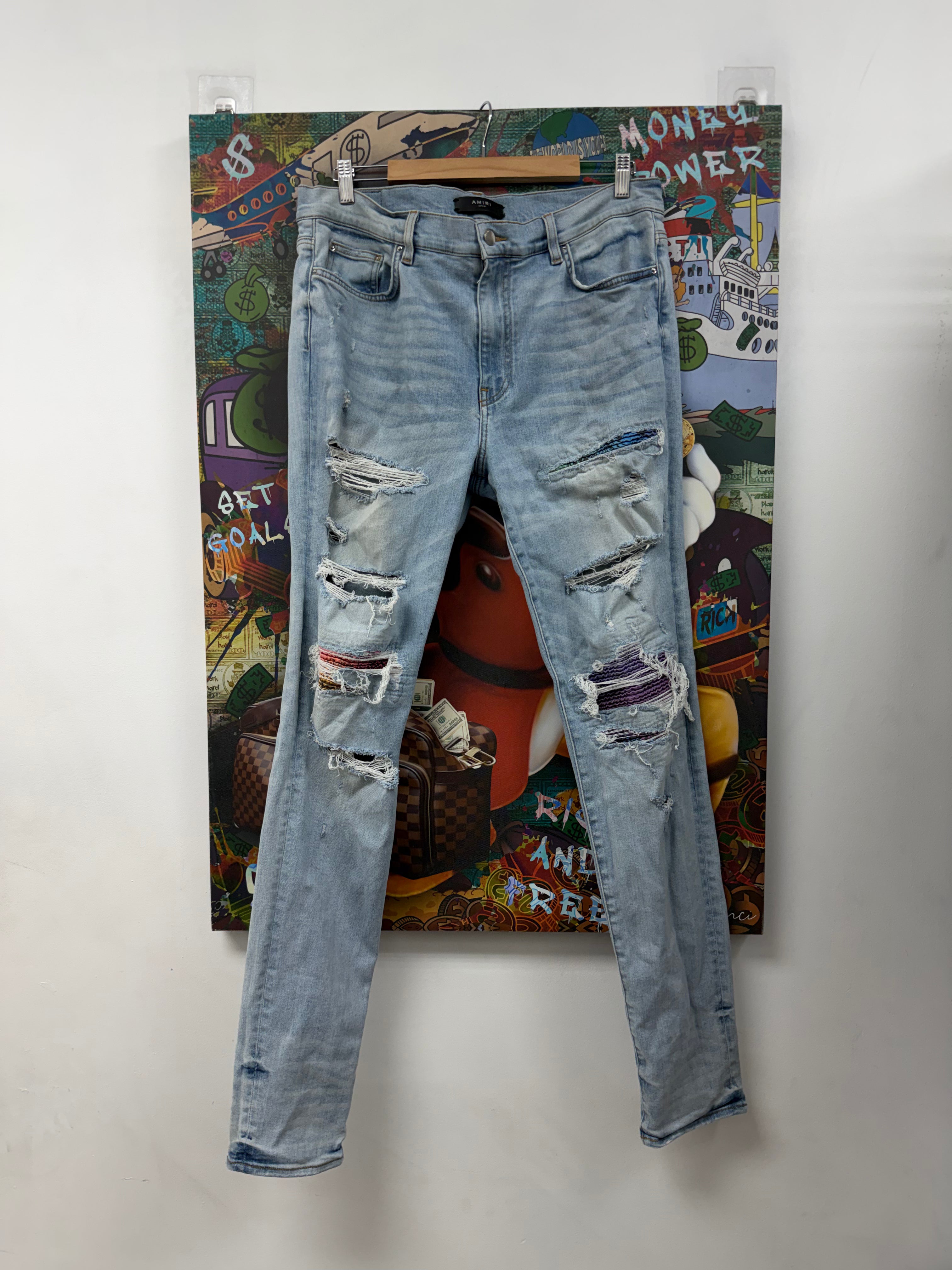 Amiri Light Wash Tie Dye Paisley Thrasher Jeans