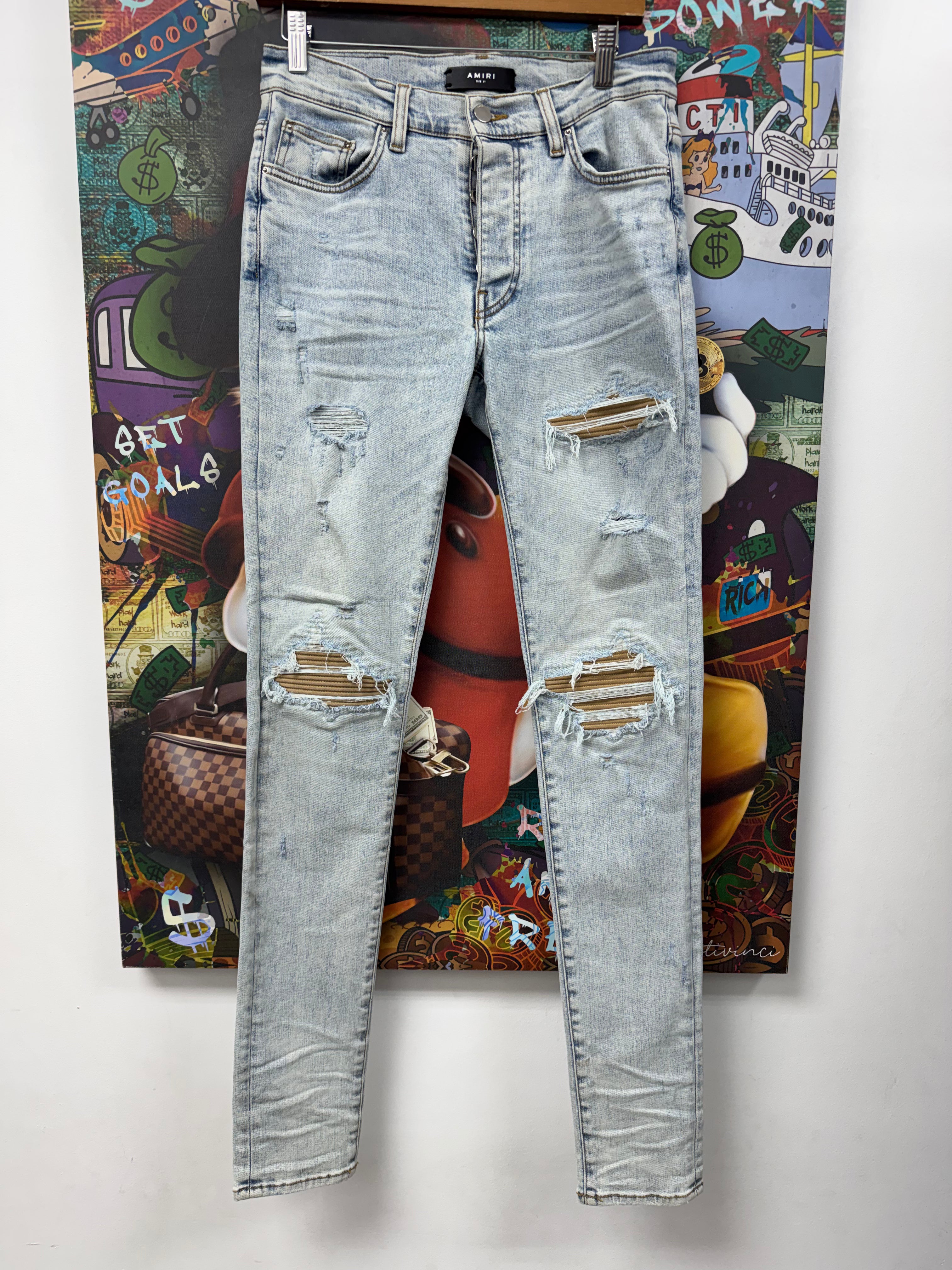 Amiri MX1 Stone Wash Tan Ultra Suede Patch Jeans