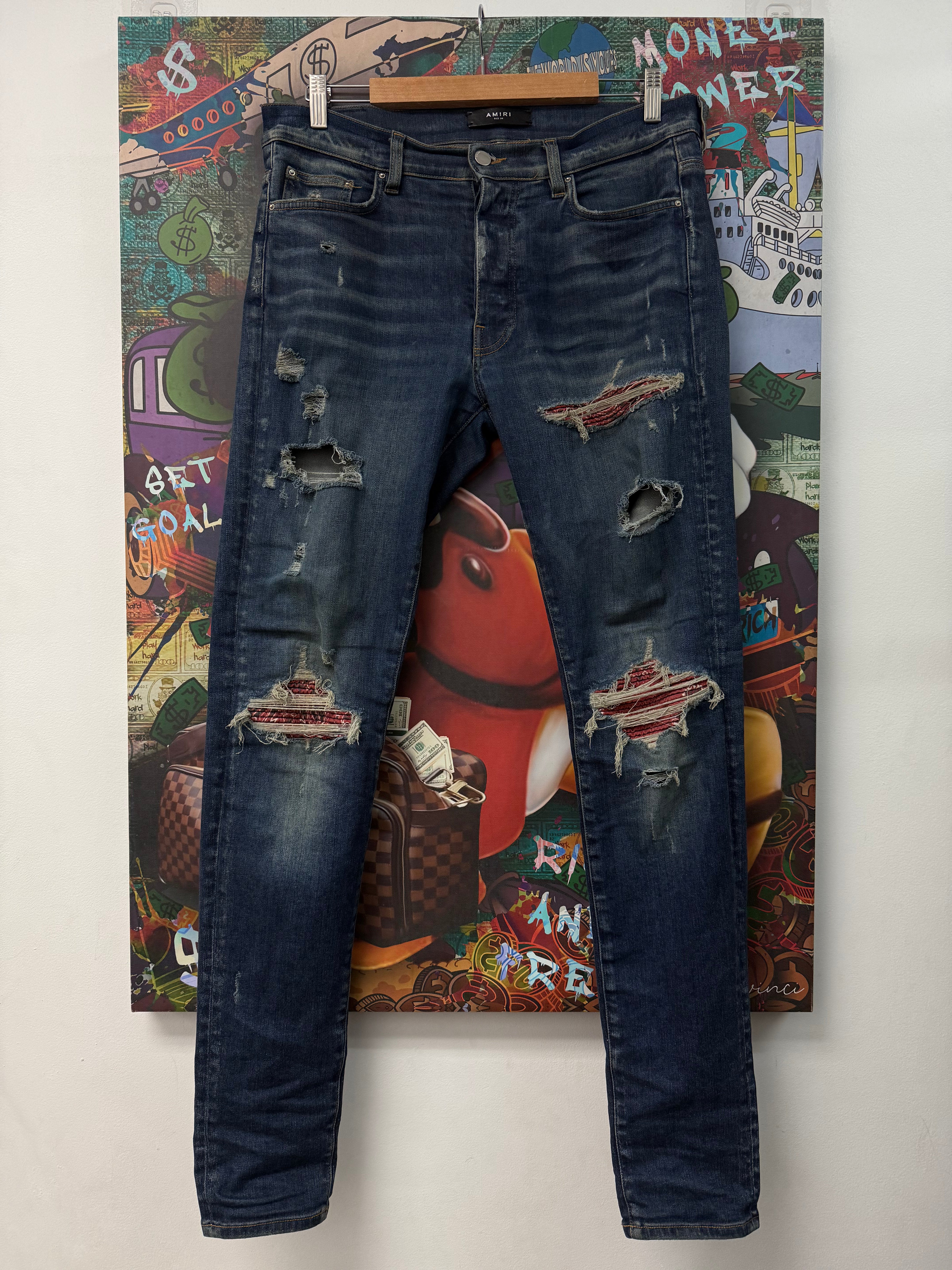 Amiri Dark Wash Red Paisley Patch MX1 Jeans