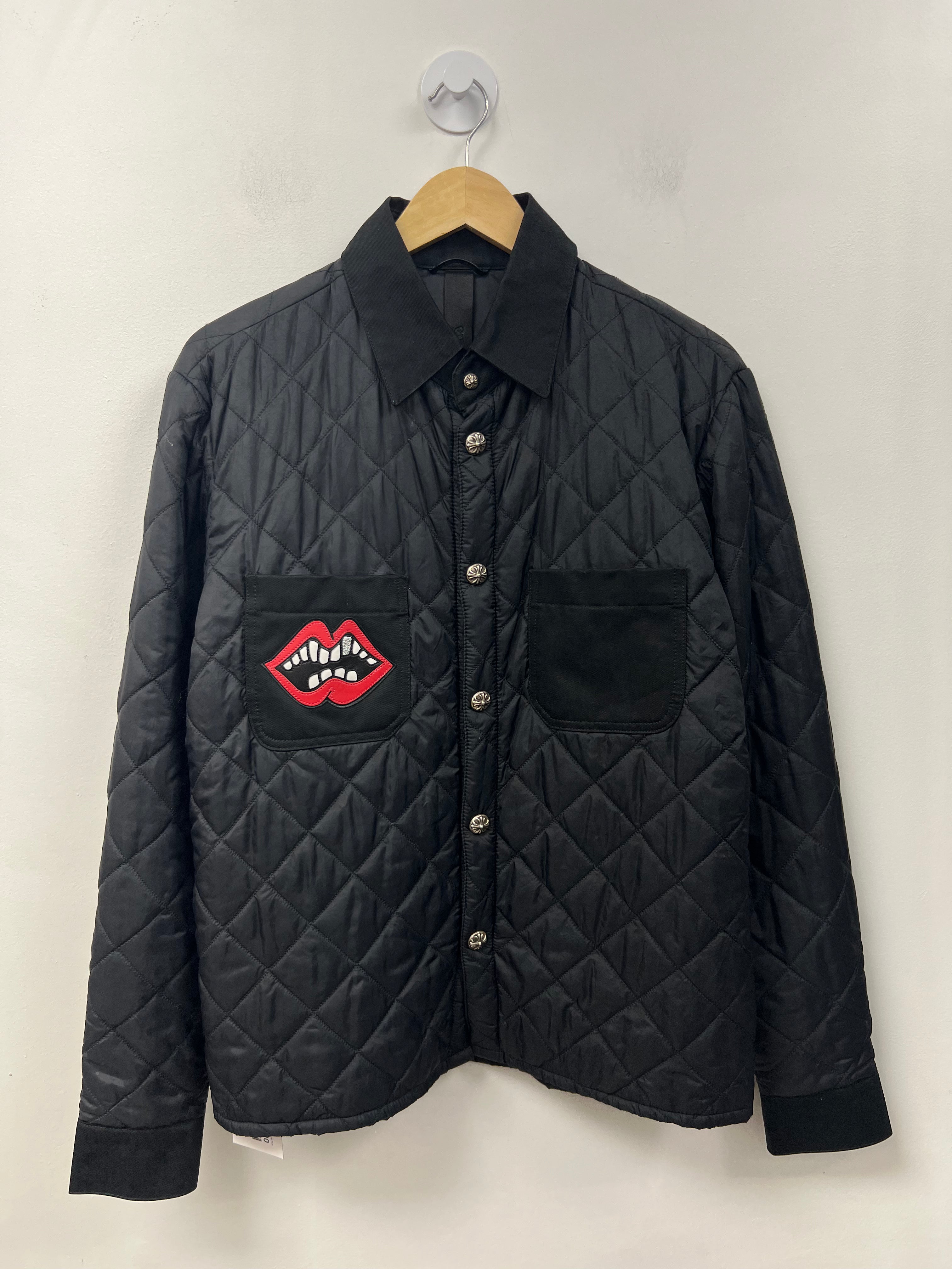 Chrome Hearts Black Leather Chomper Quilted Button Up Puffer Jacket