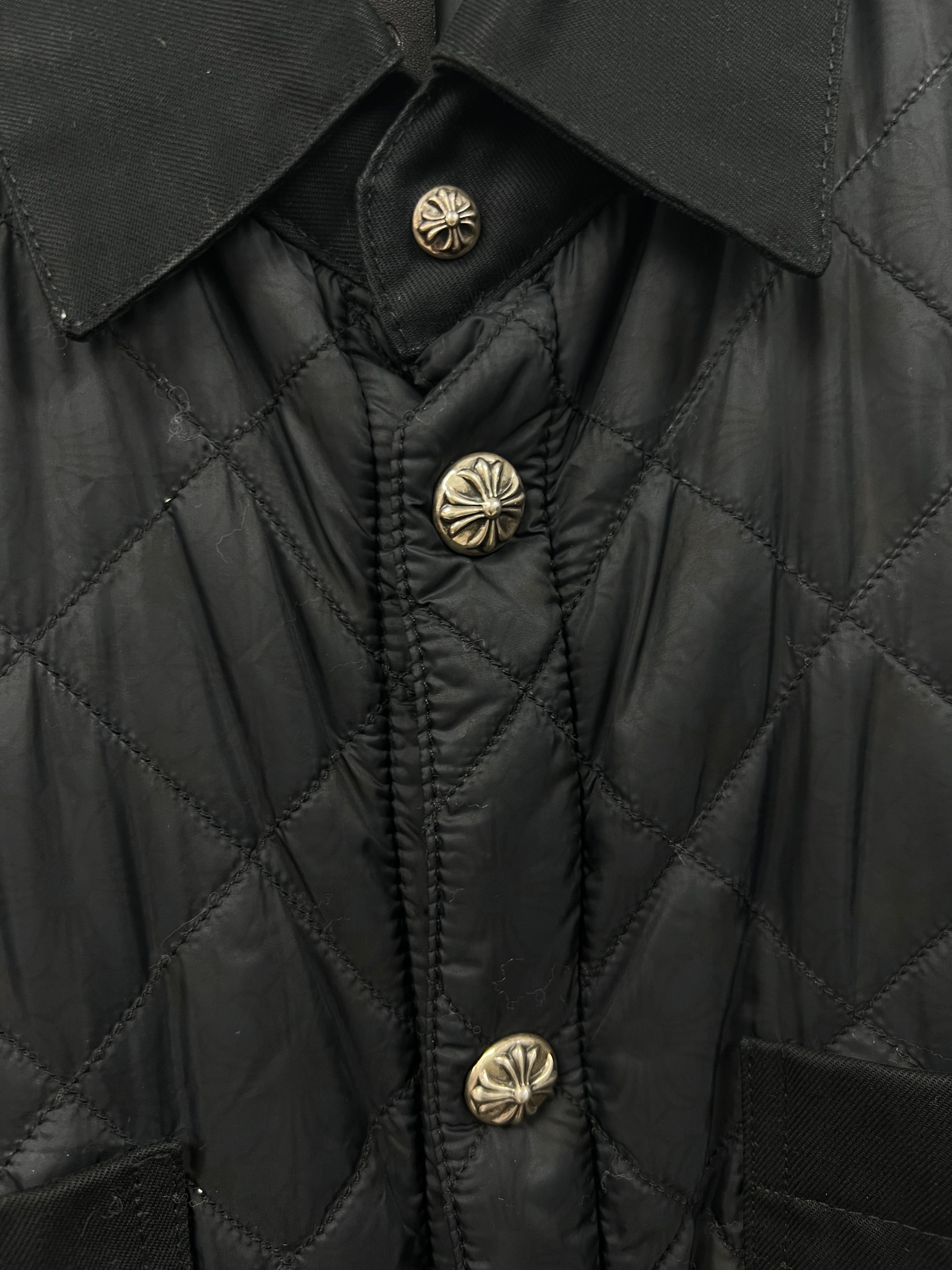 Chrome Hearts Black Leather Chomper Quilted Button Up Puffer Jacket