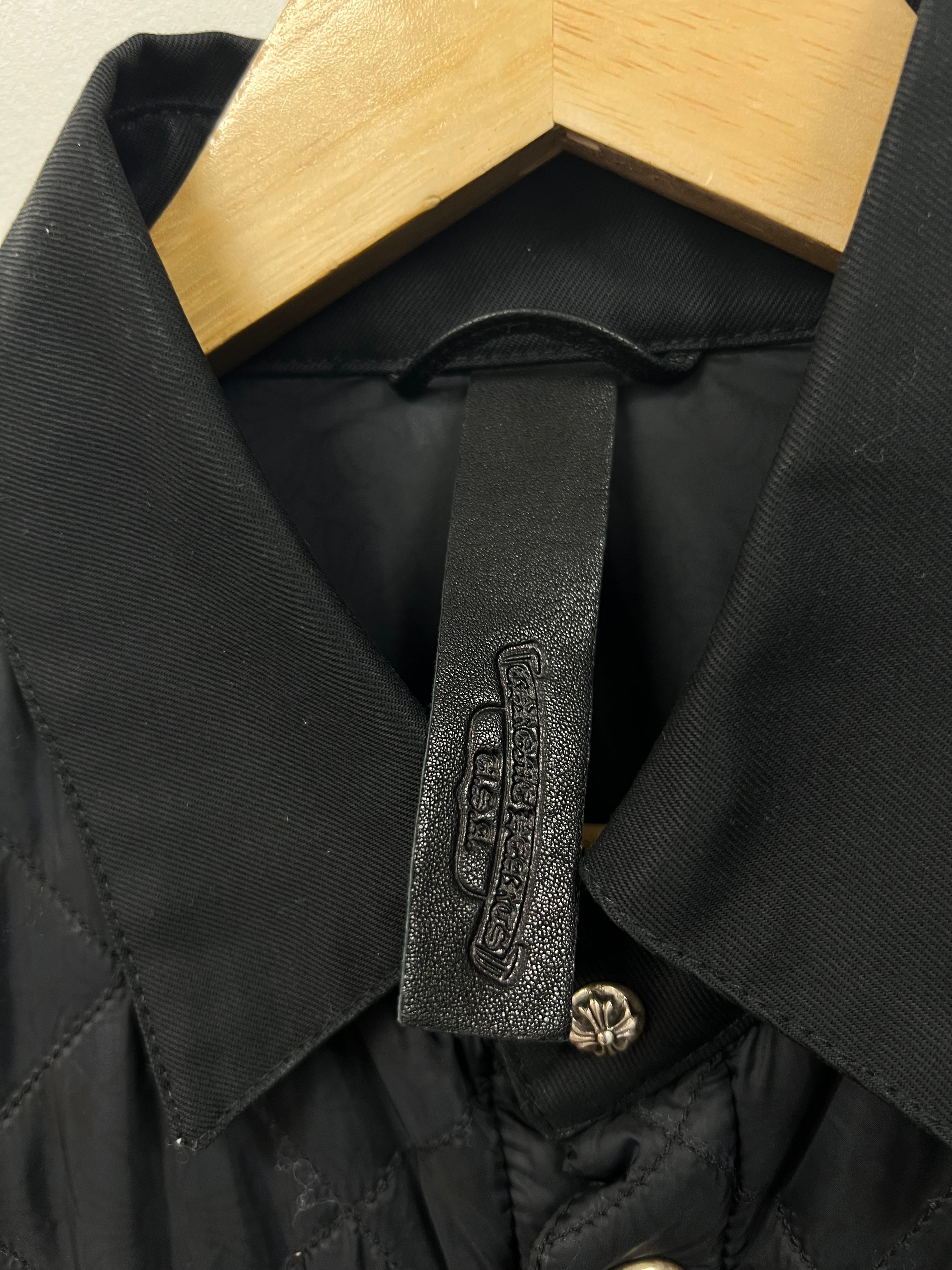 Chrome Hearts Black Leather Chomper Quilted Button Up Puffer Jacket