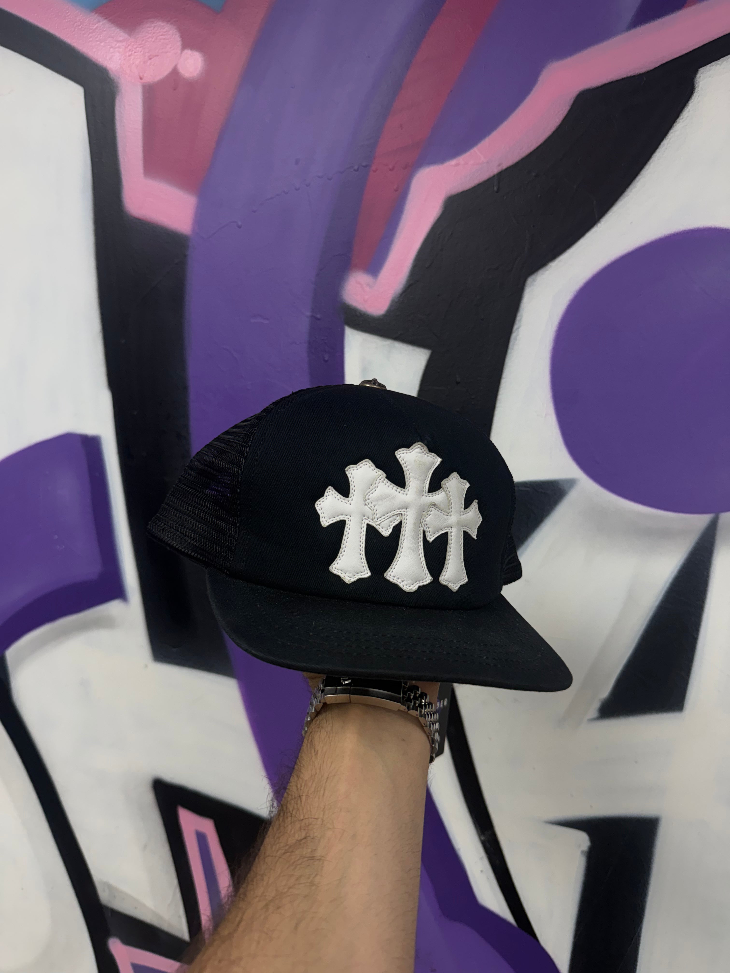 Chrome Hearts Black White Triple Cross Cemetery Trucker Hat