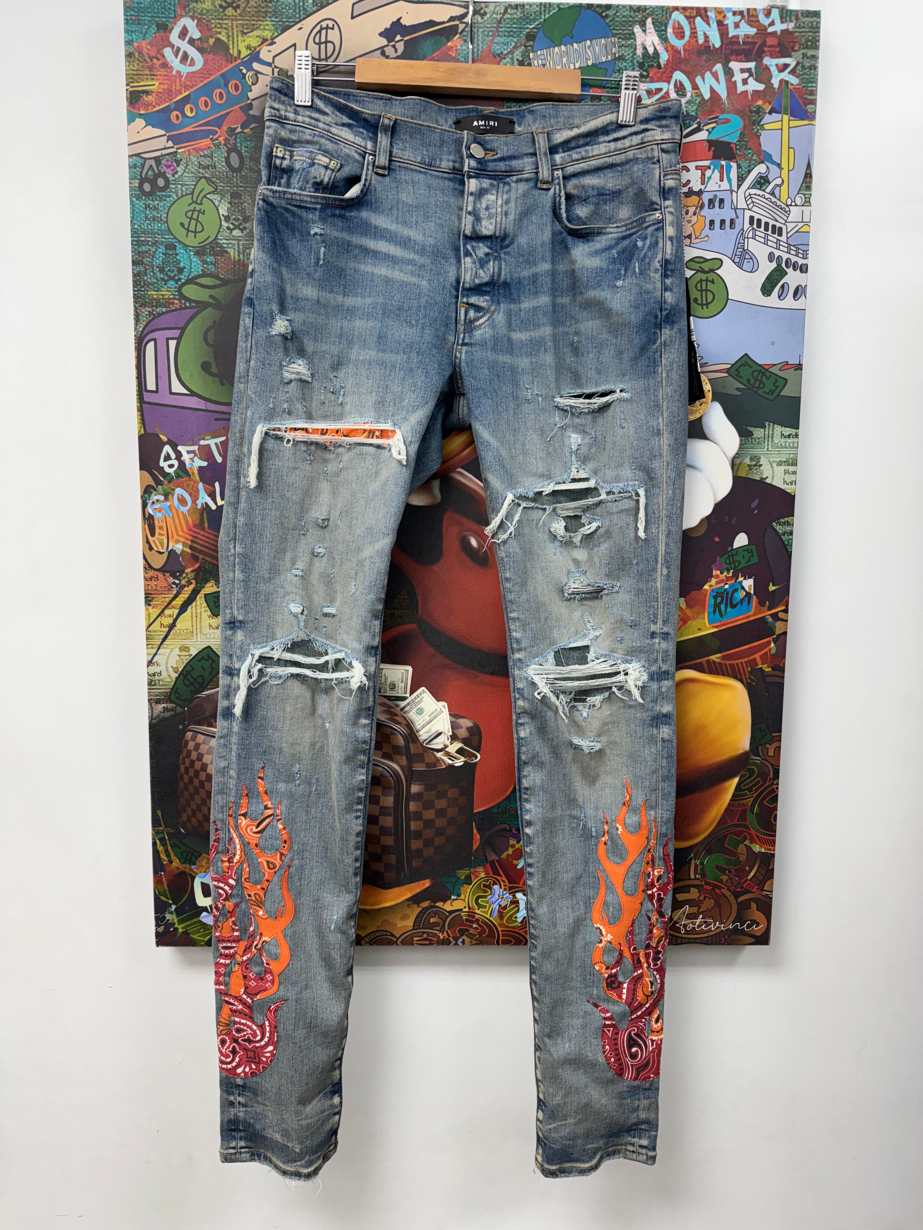Amiri Light Wash Orange Bandana Flames Jeans