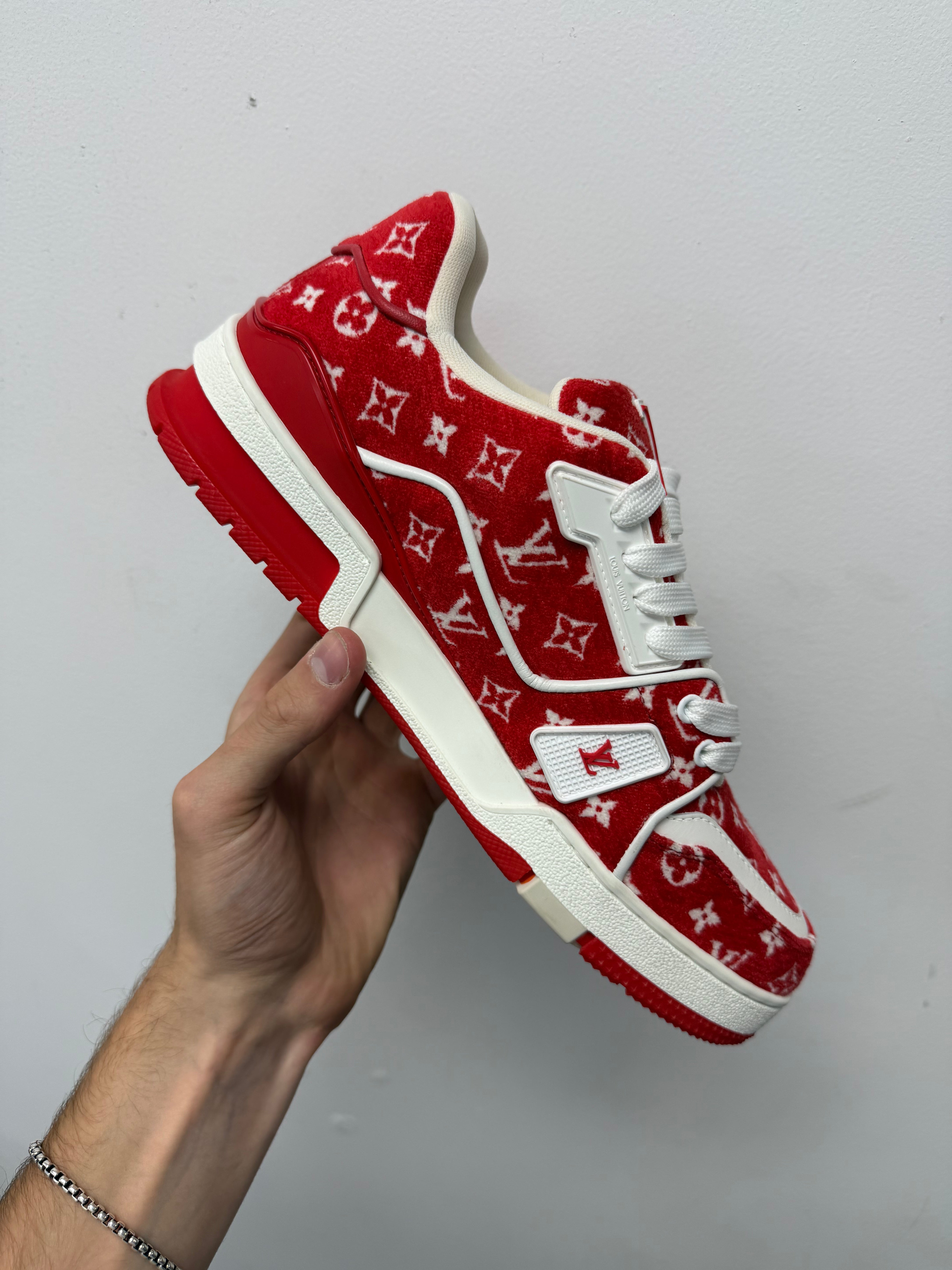 Louis Vuitton Red White Monogram Fur Trainer Sneakers