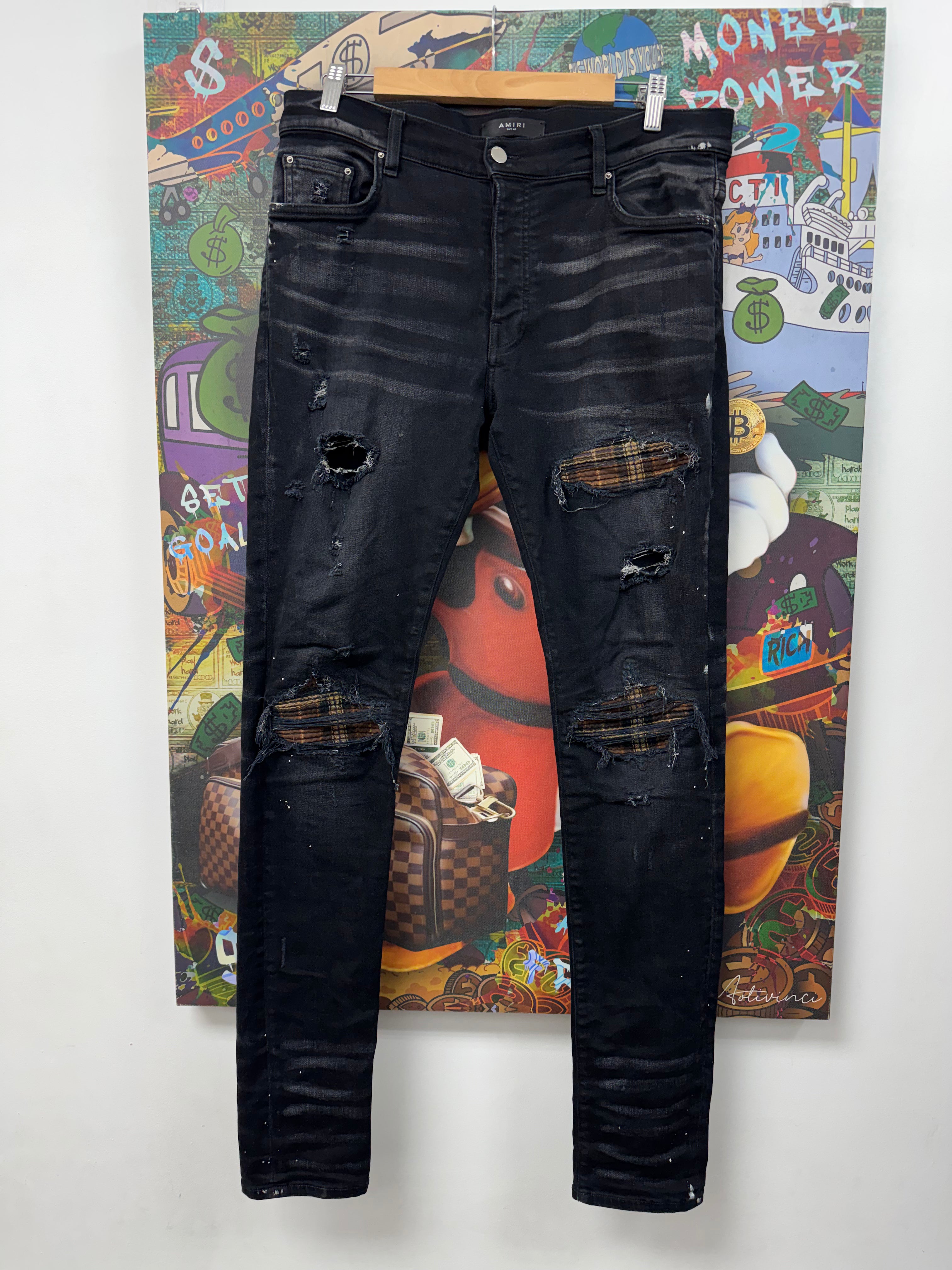 Amiri MX1 Black Wash Brown Plaid Patch Jeans