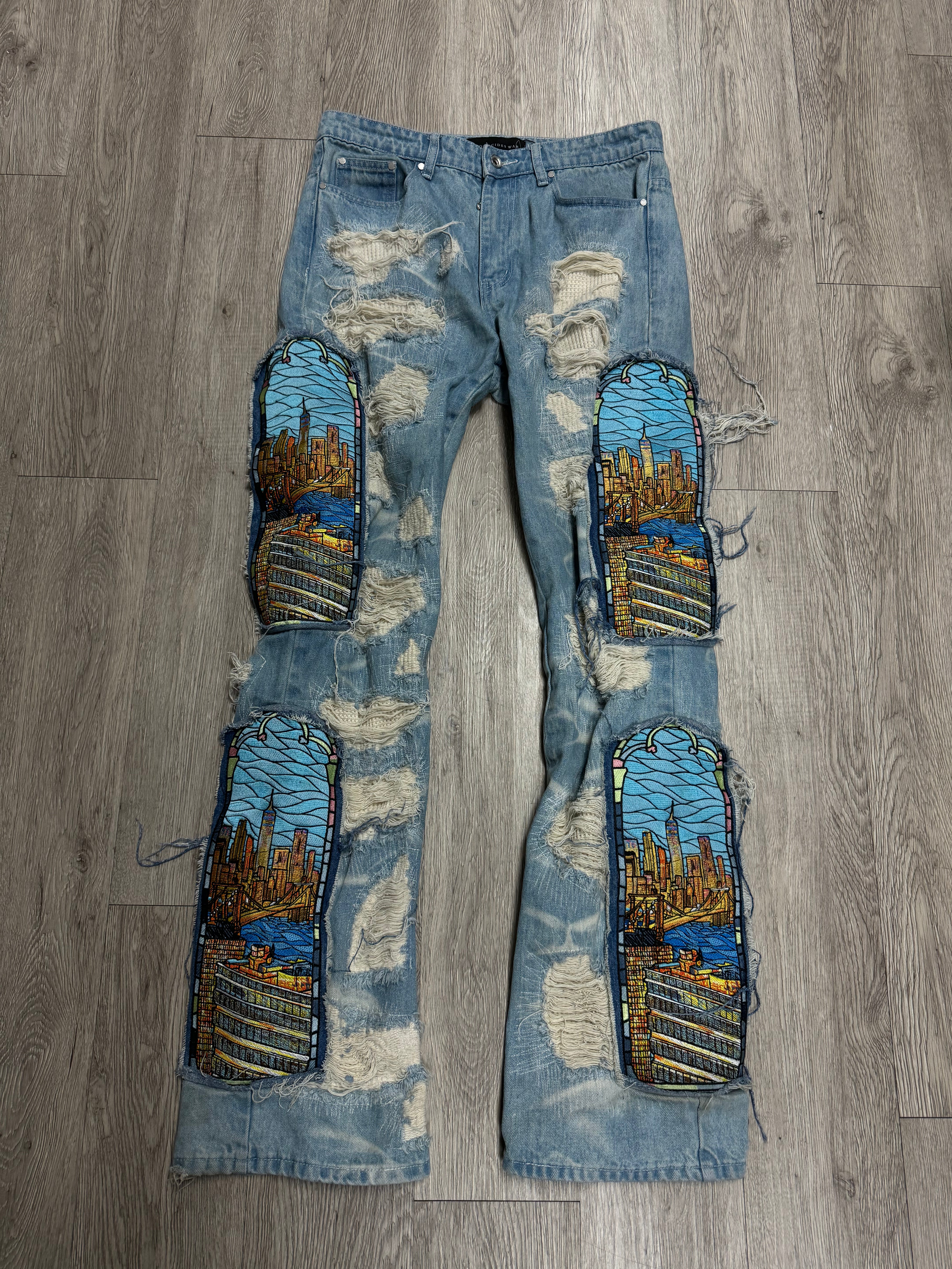 Who Decides War Light Wash Patched City Scape Jeans
