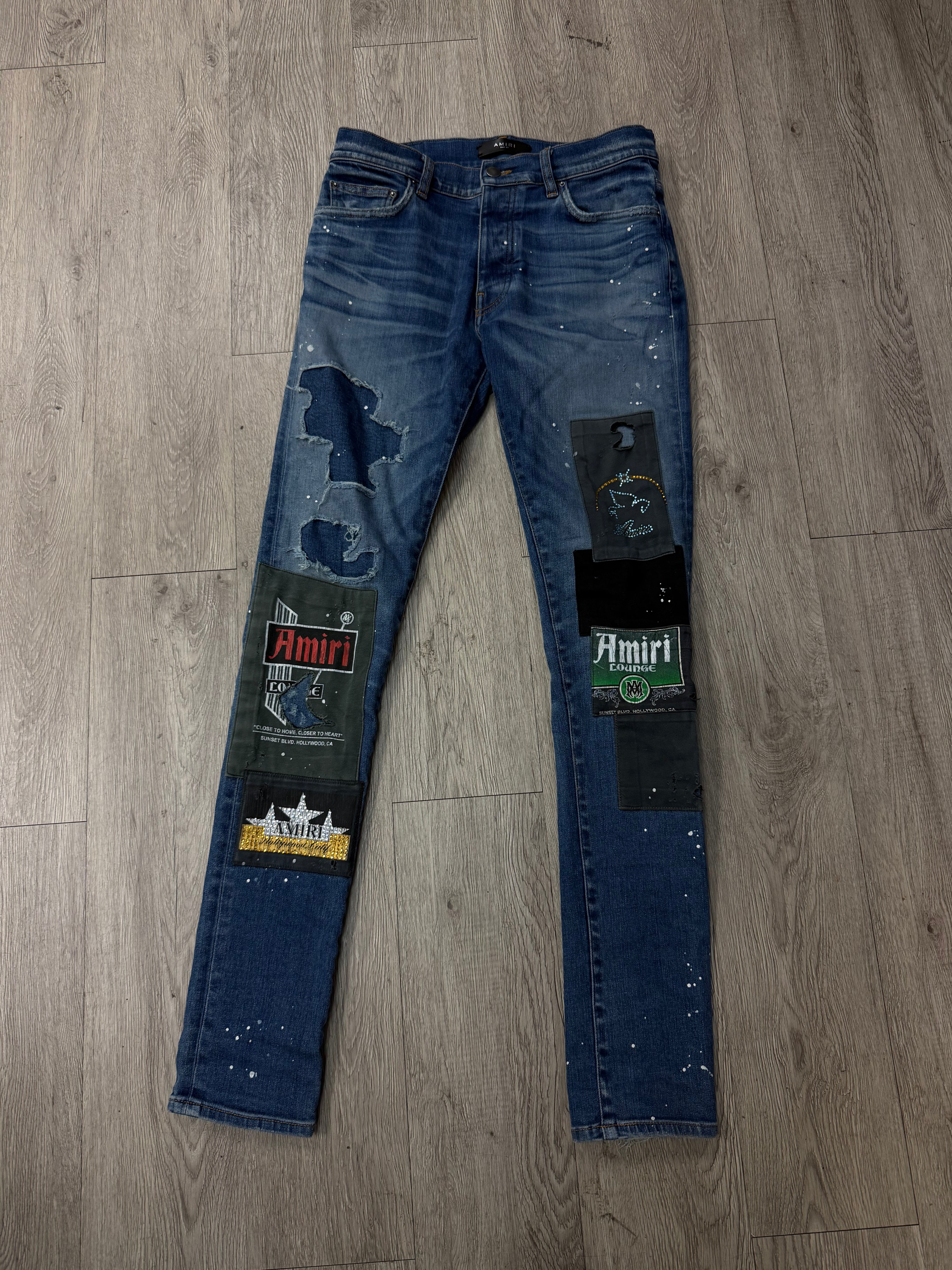Amiri Dark Wash Crystal Lounge Patchwork Jeans