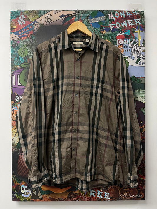 Burberry Button Up Tan green (1 Broken Button) Used