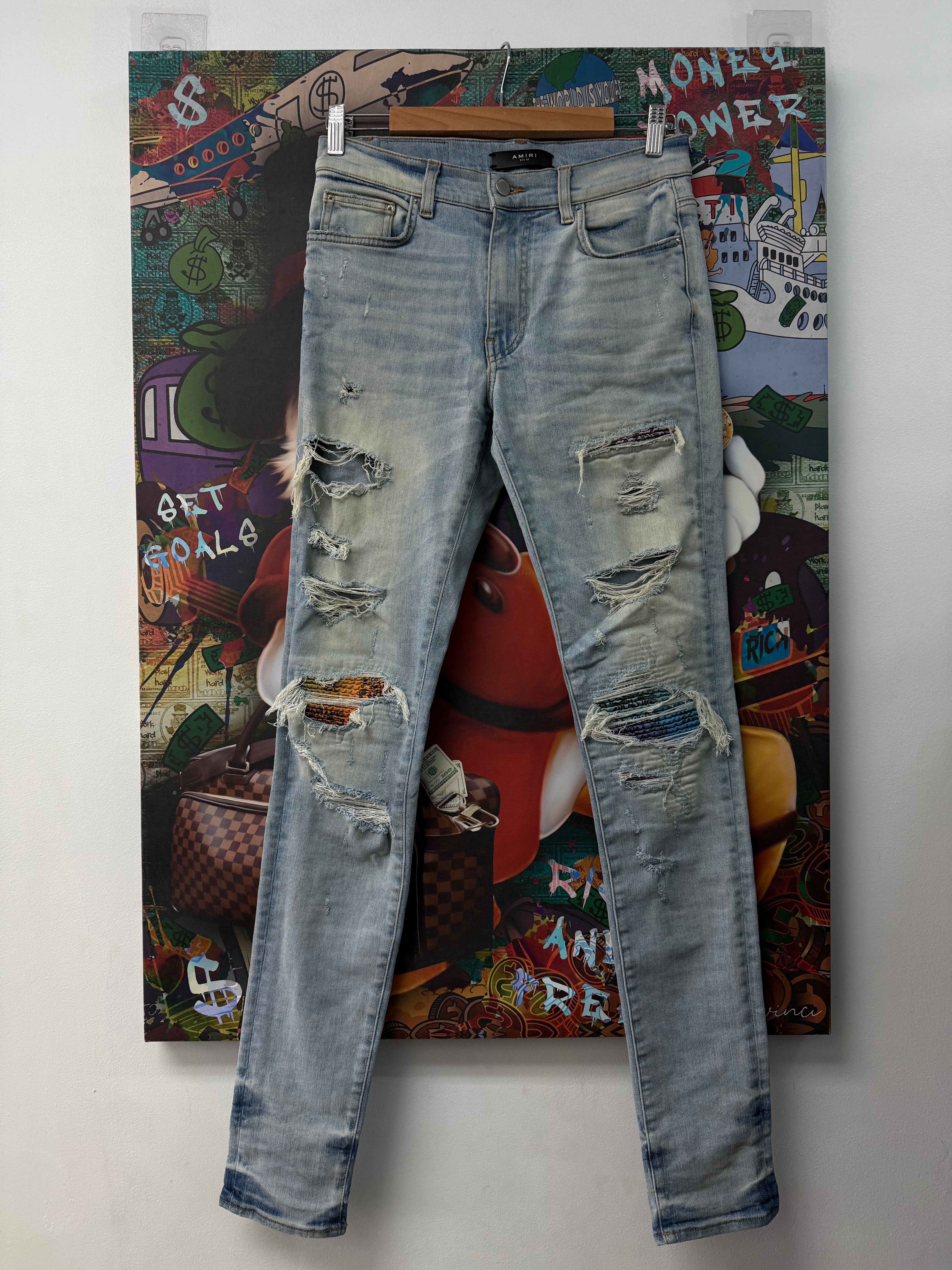 Amiri Light Wash Multi Paisley Patch MX1 Jeans