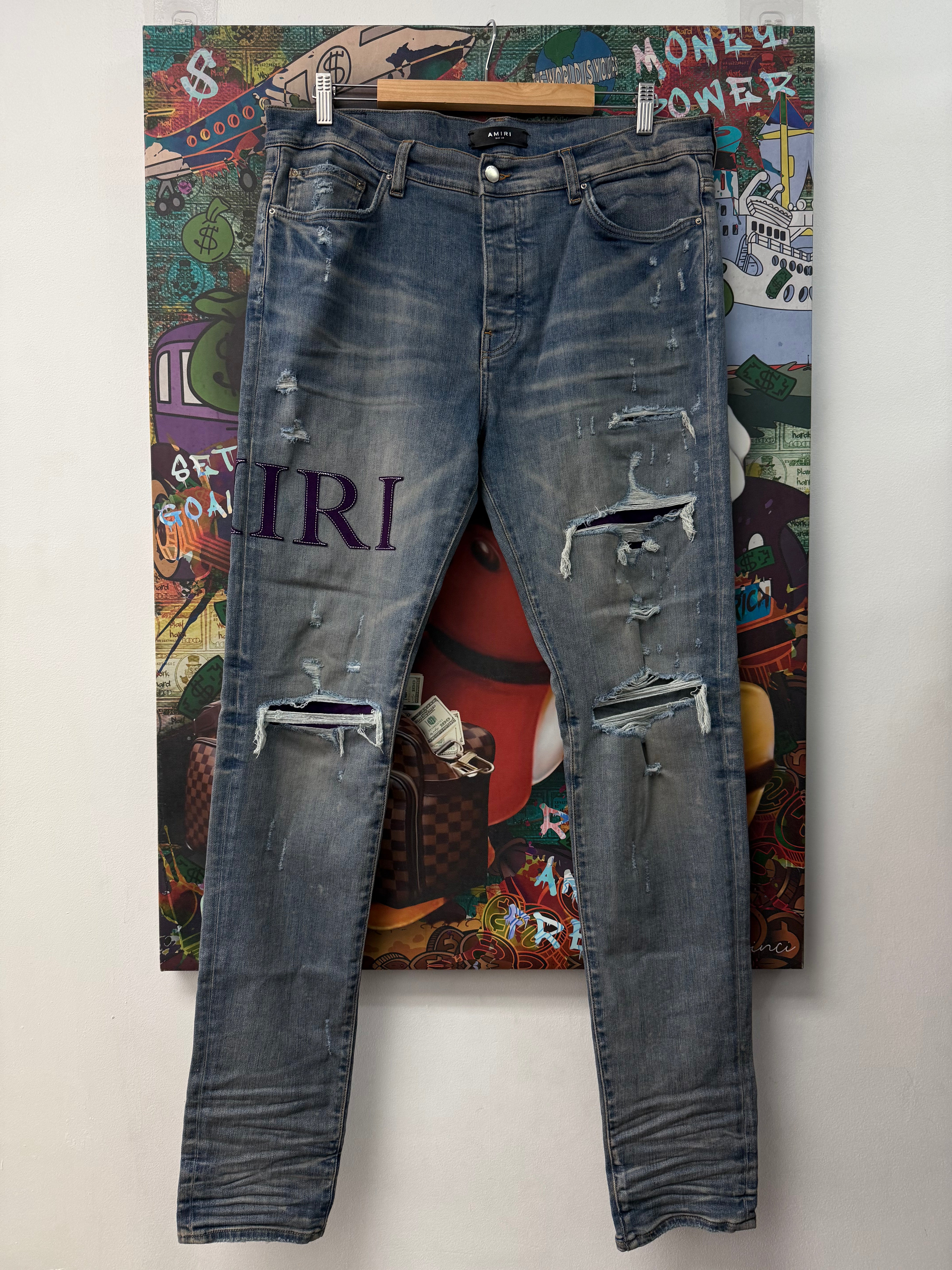 Amiri Light Wash Purple Serif Side Logo Jeans