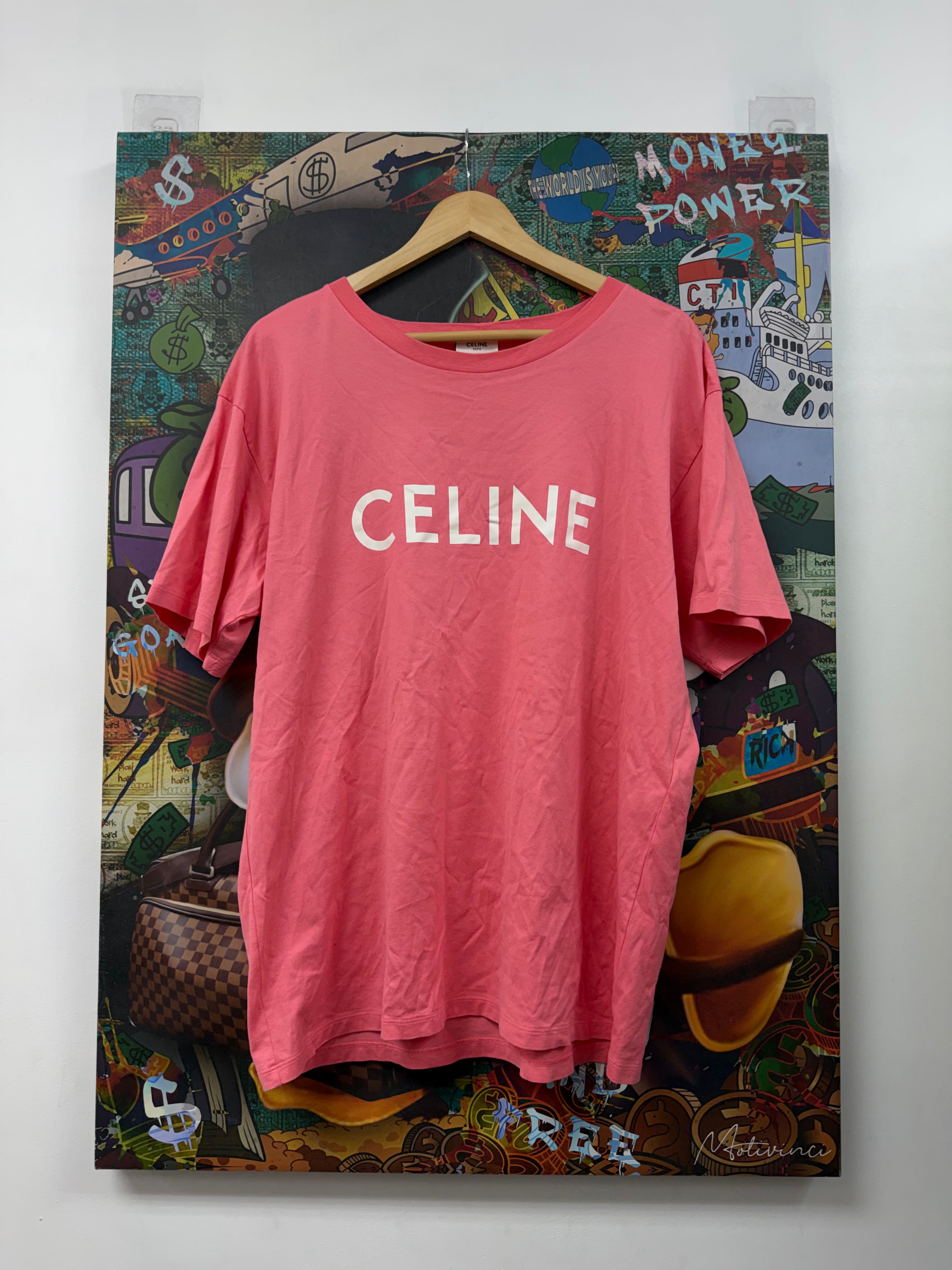 Celine Pink White Core Logo Tee