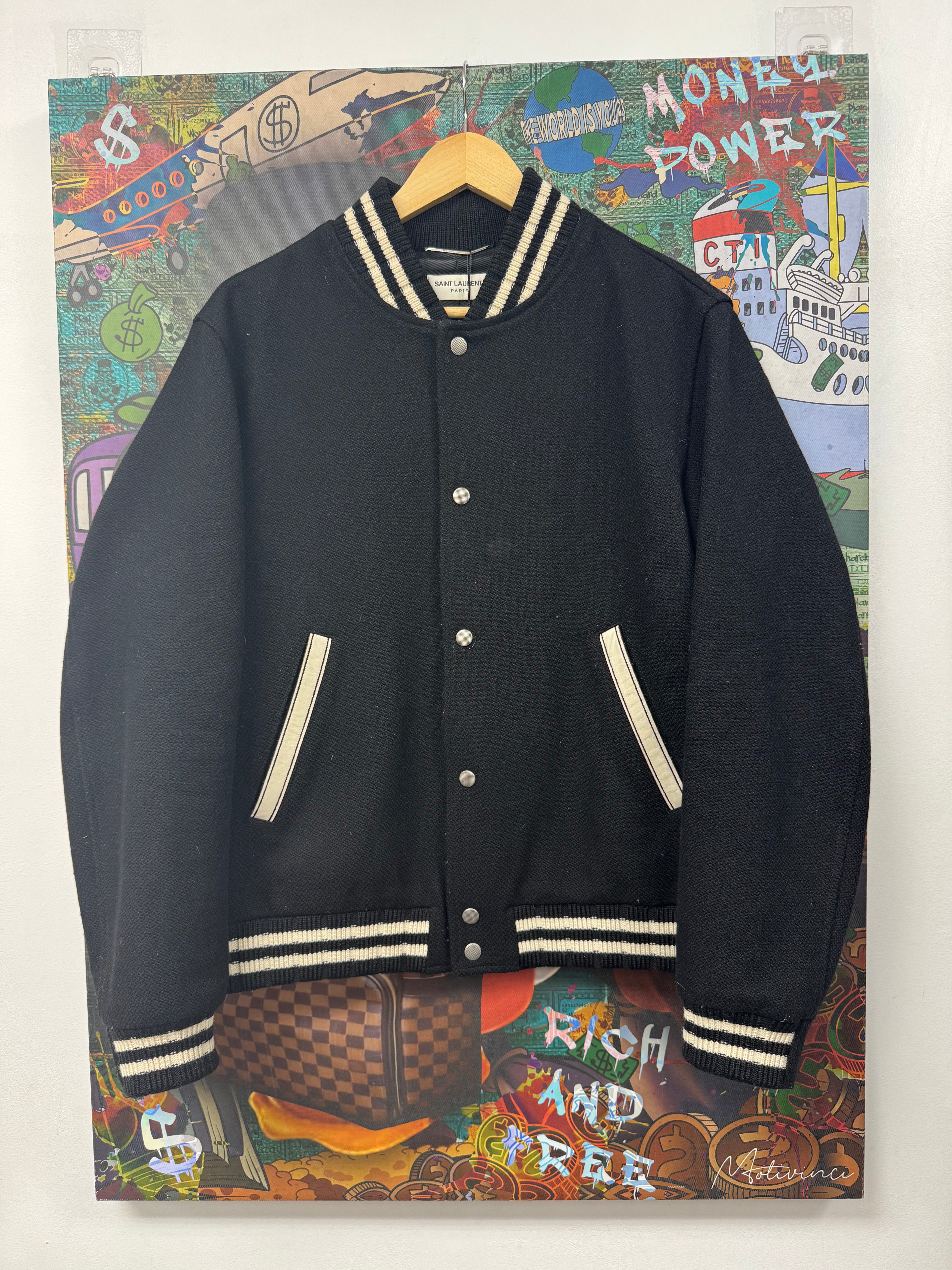 Saint Laurent Black Cream Logo Teddy Varsity Jacket
