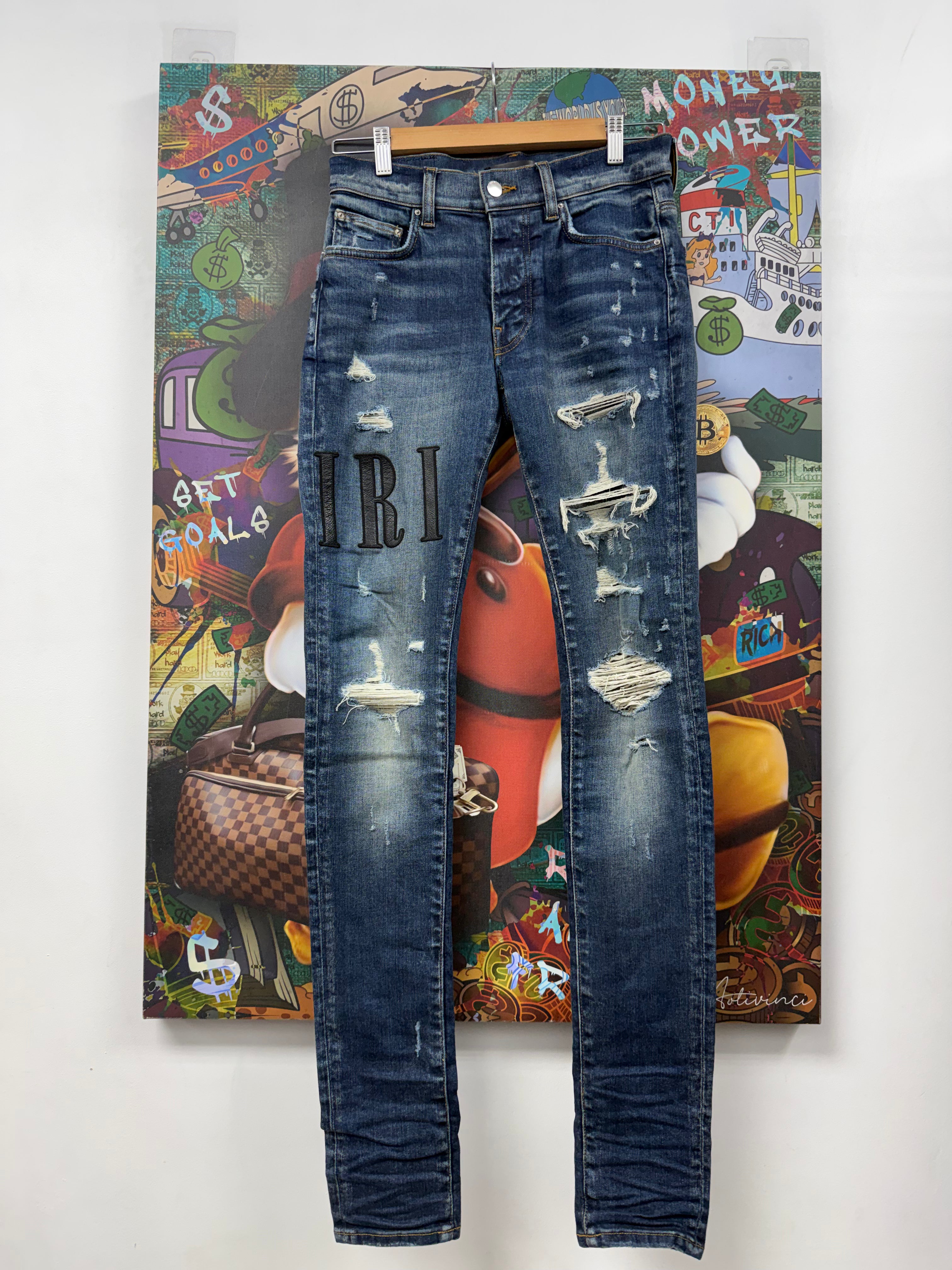 Amiri Navy Wash Black Core Side Logo Jeans