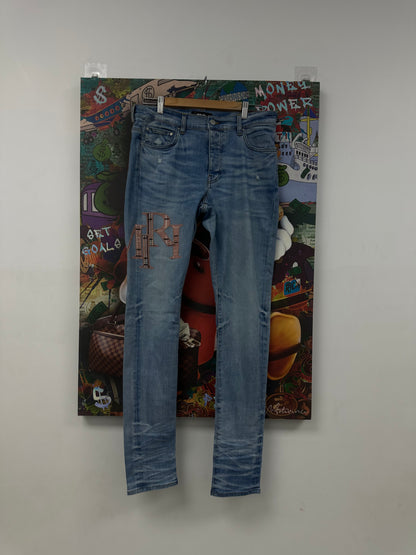 Amiri Jeans Light Wash Pink Plaid Side Logo Used 33